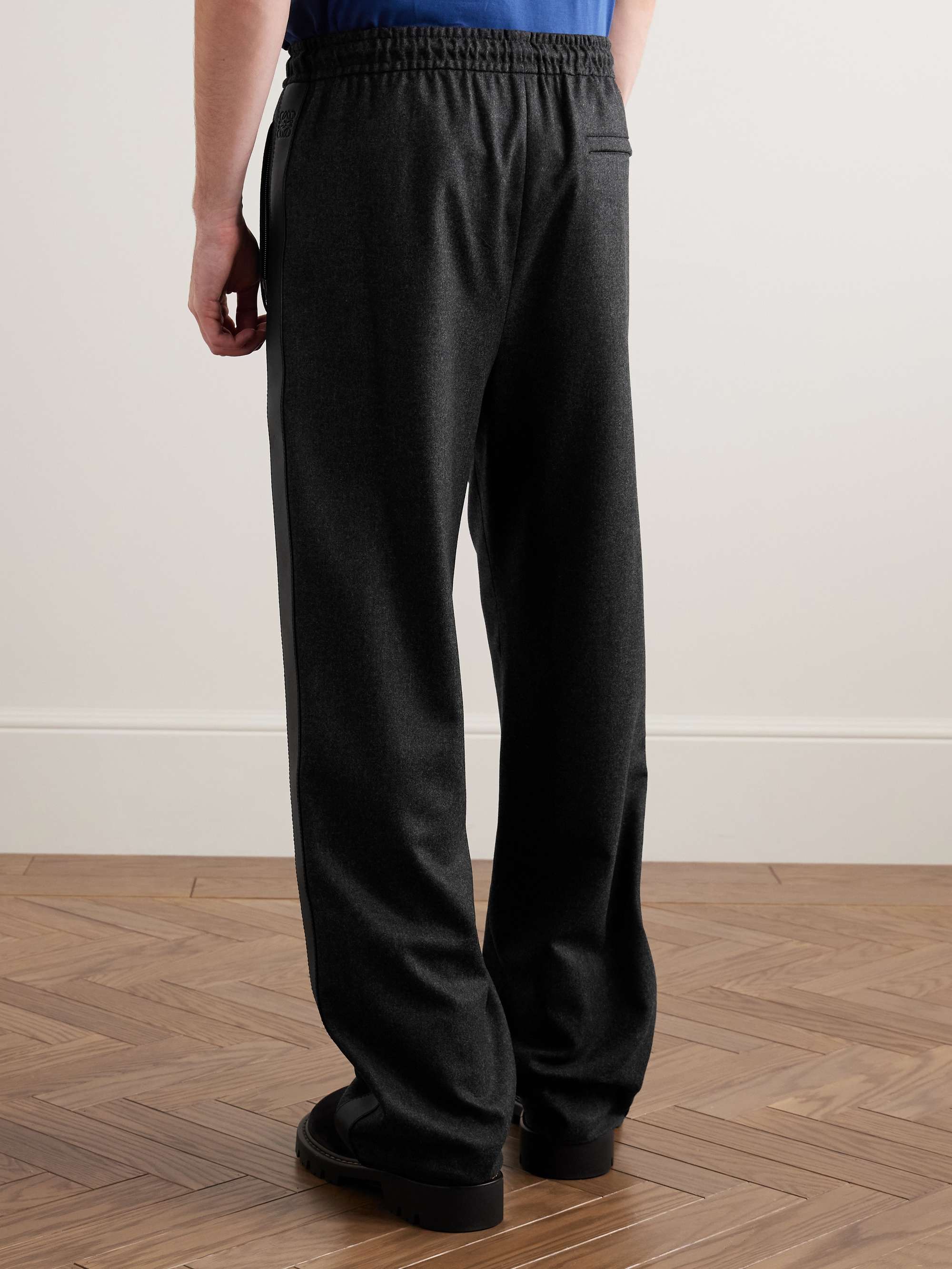 Straight-Leg Leather-Trimmed Wool and Cashmere-Blend Flannel Drawstring Trousers view