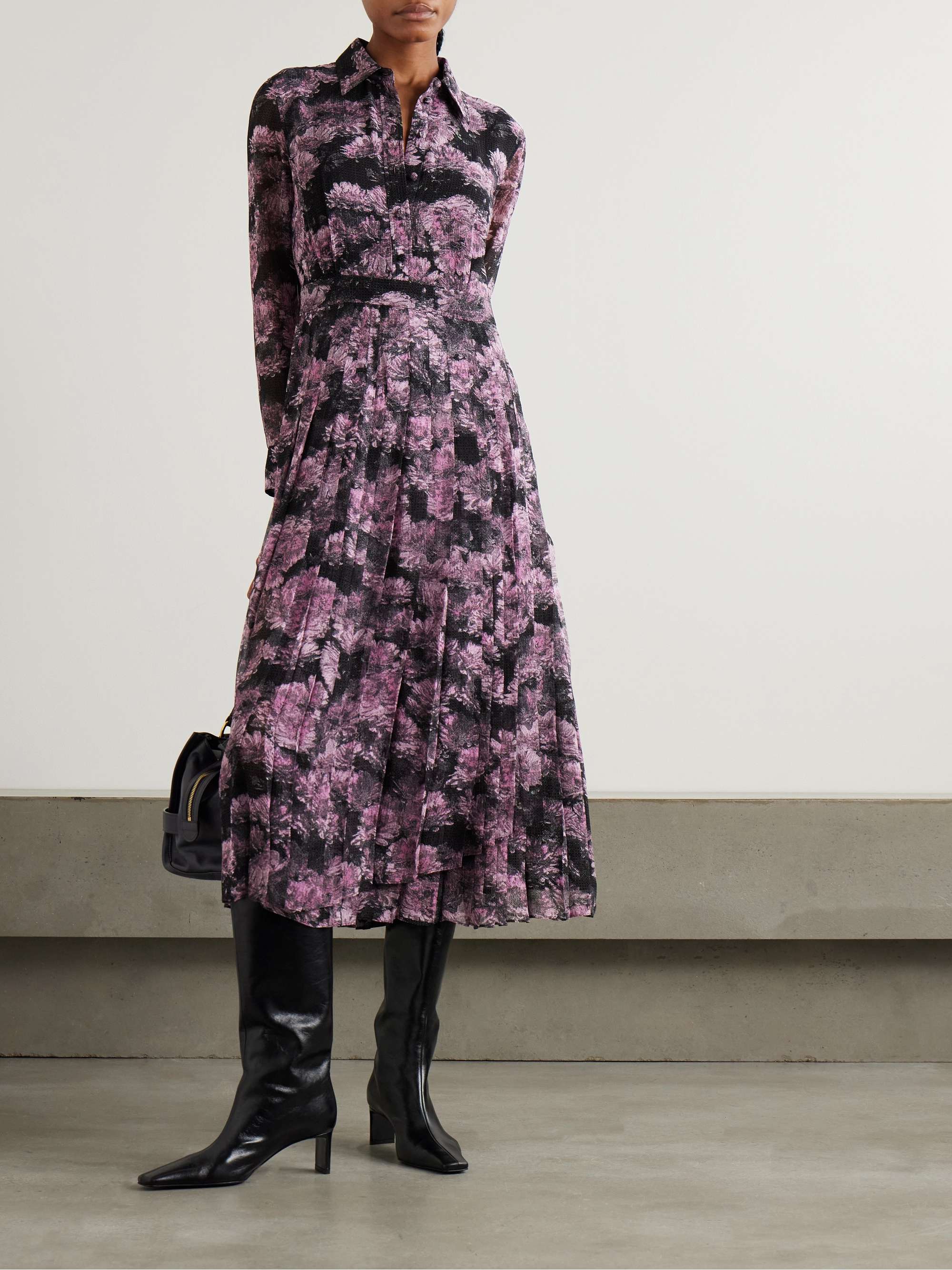 Pleated floral-print silk midi shirt dress view