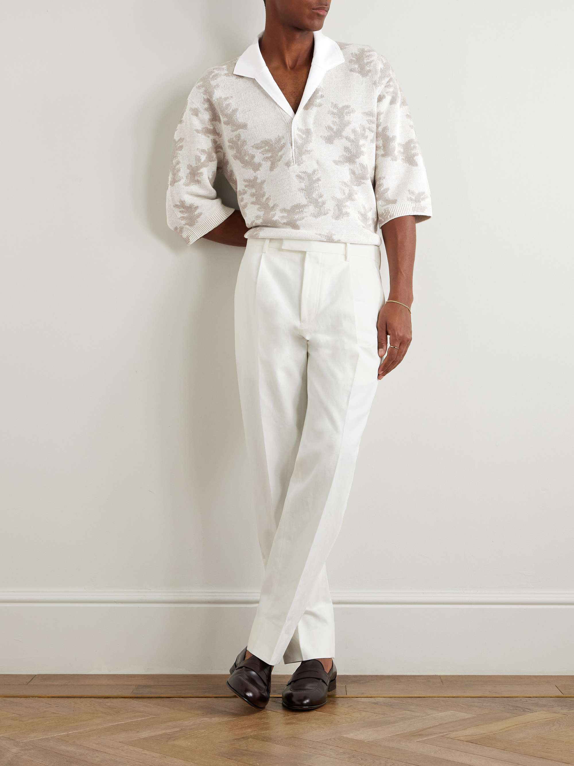 Camp-Collar Poplin-Trimmed Jacquard-Knit Oasi Linen Polo Shirt view
