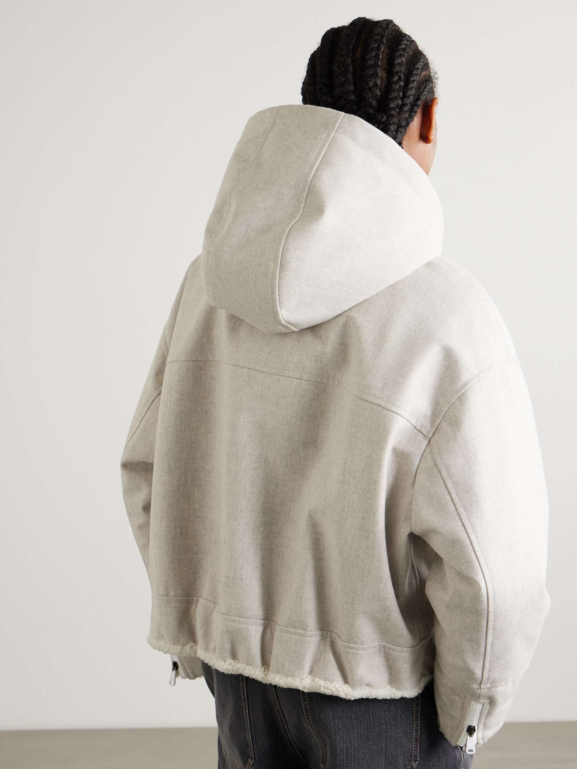 Bead-embellished hooded shearling-trimmed wool coat view