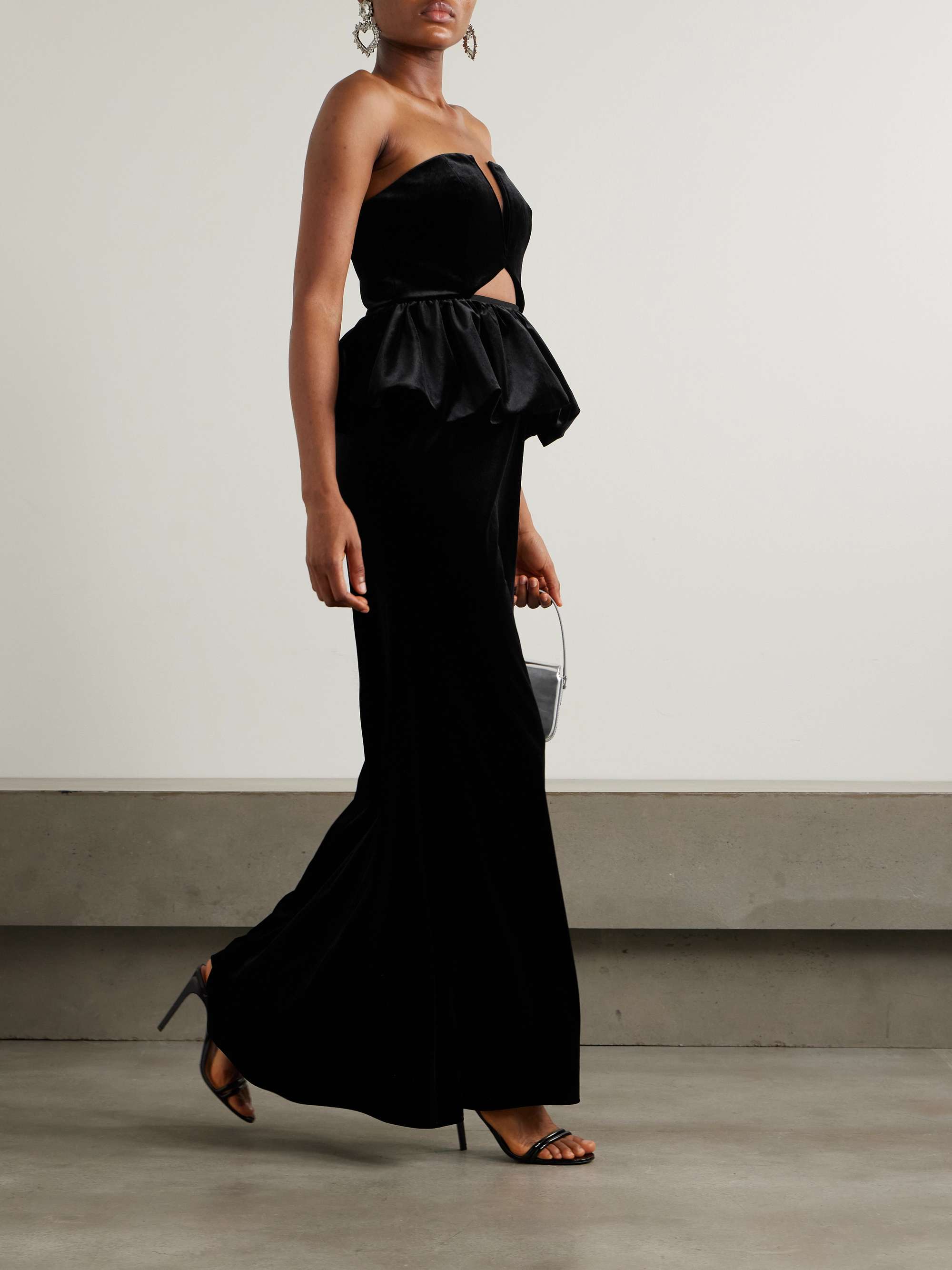 Strapless cutout velvet peplum maxi dress view
