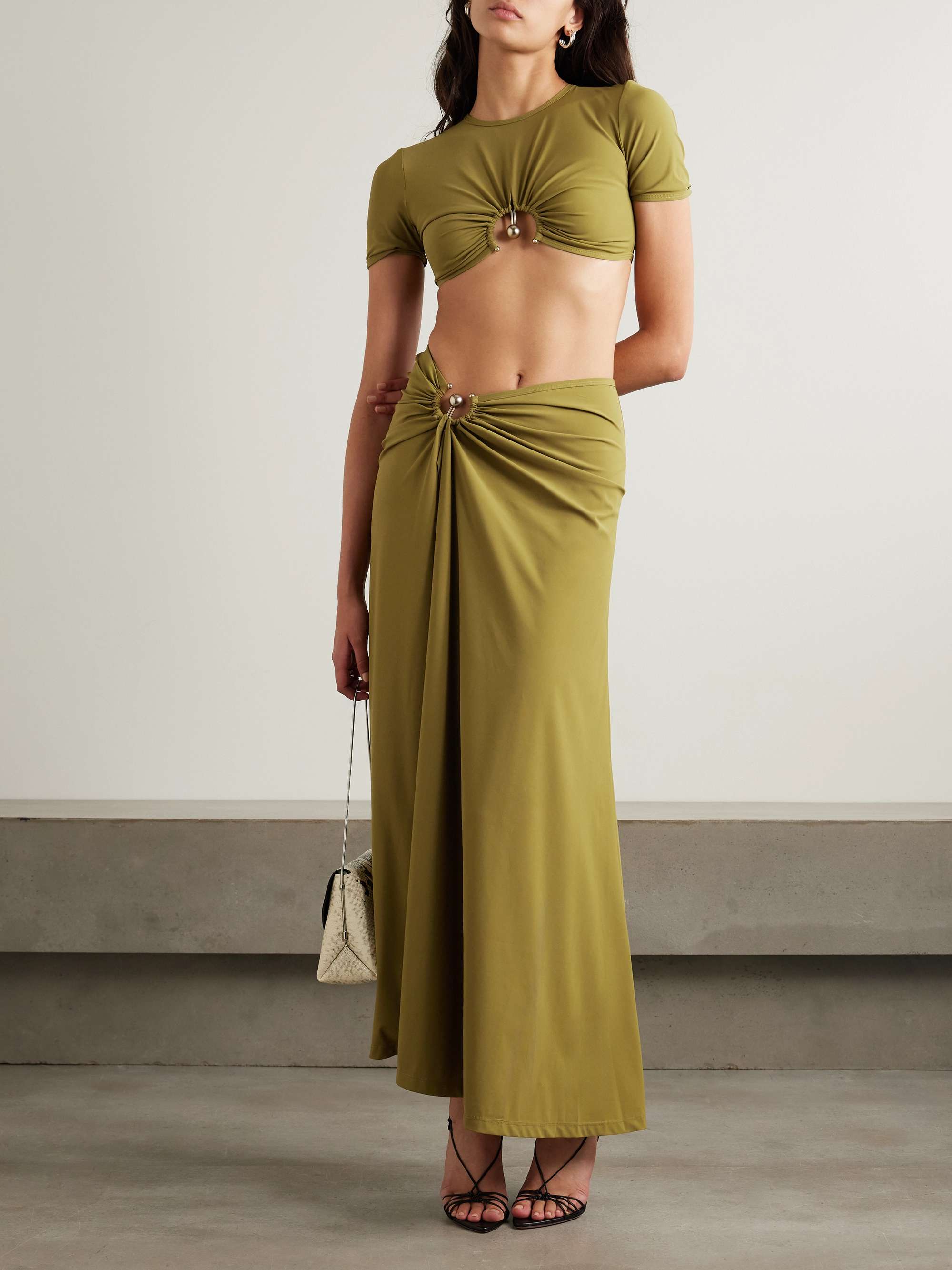 Orbit embellished ruched stretch-jersey maxi skirt view