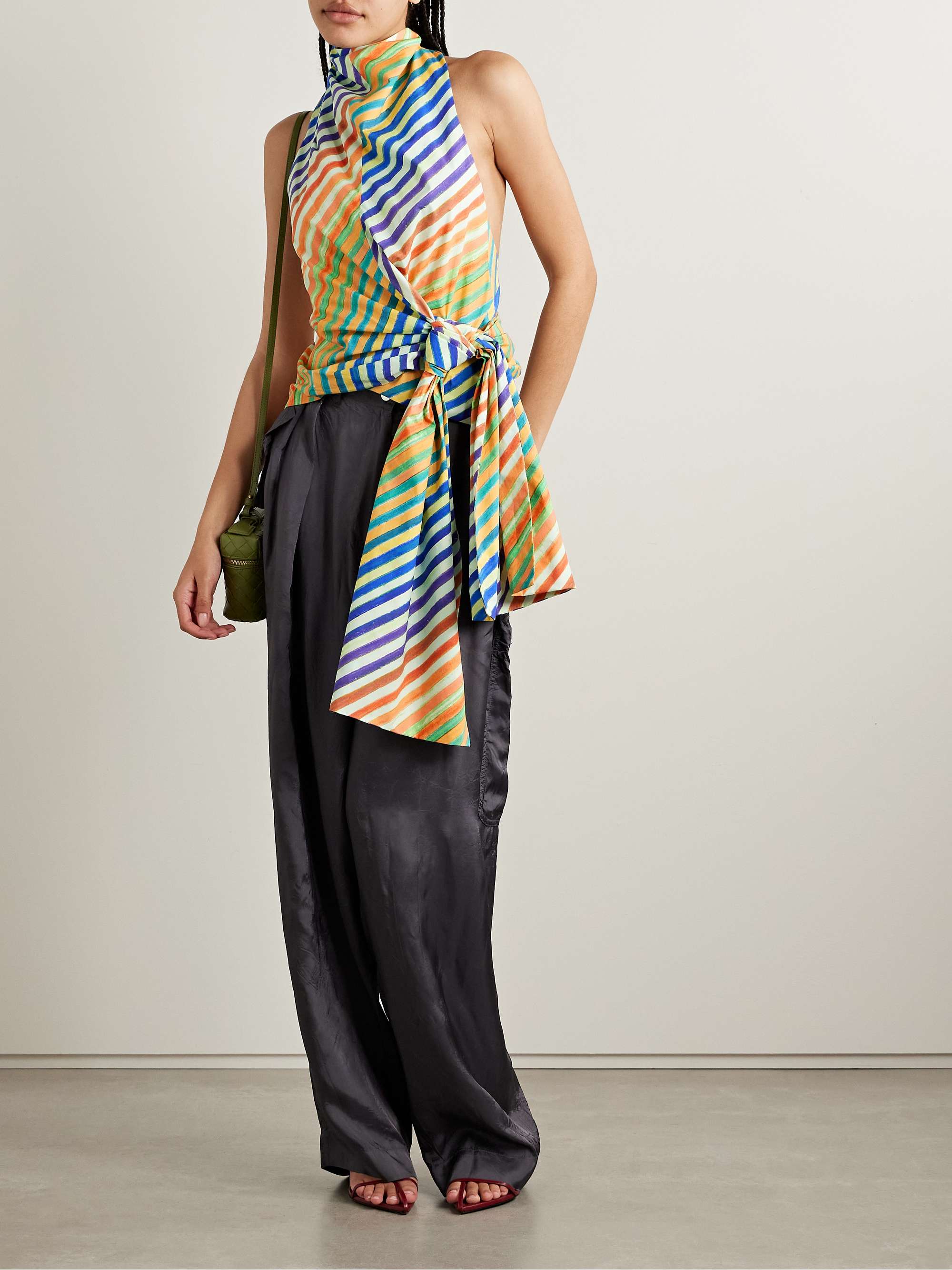 Crayon knotted striped cotton-poplin halterneck top view
