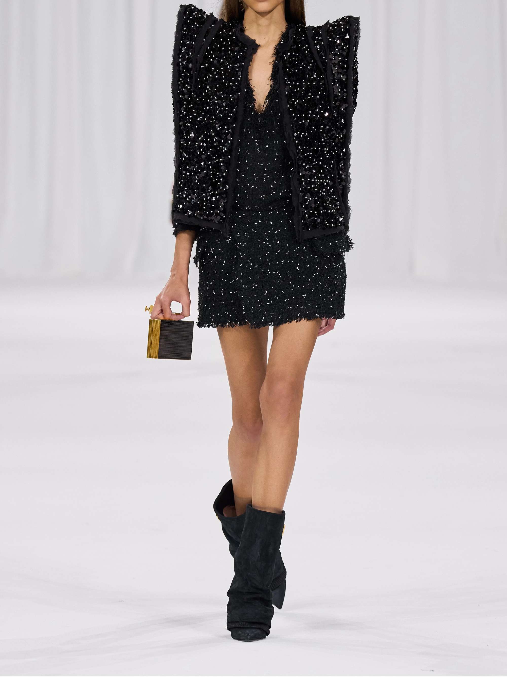 Wrap-effect sequin-embellished frayed tweed mini skirt view