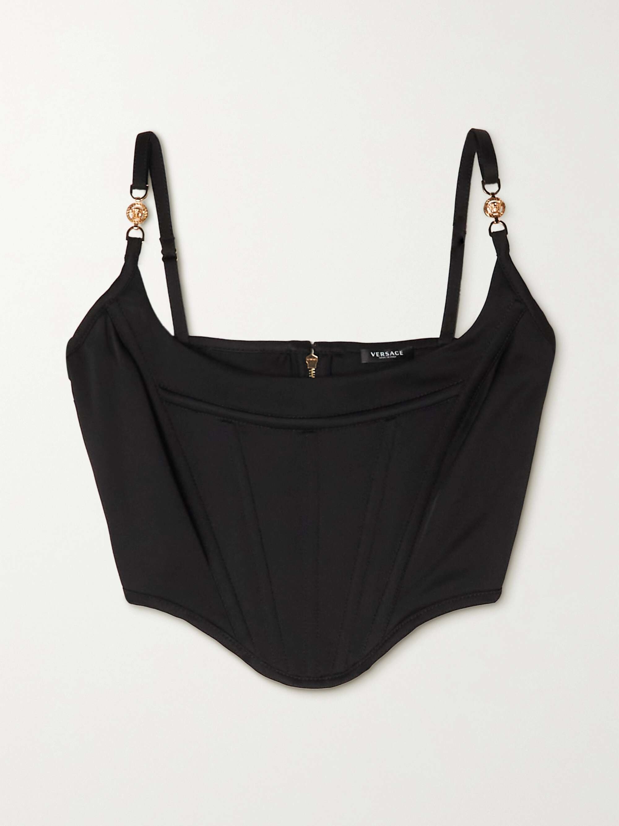 Icons cropped embellished satin bustier top view
