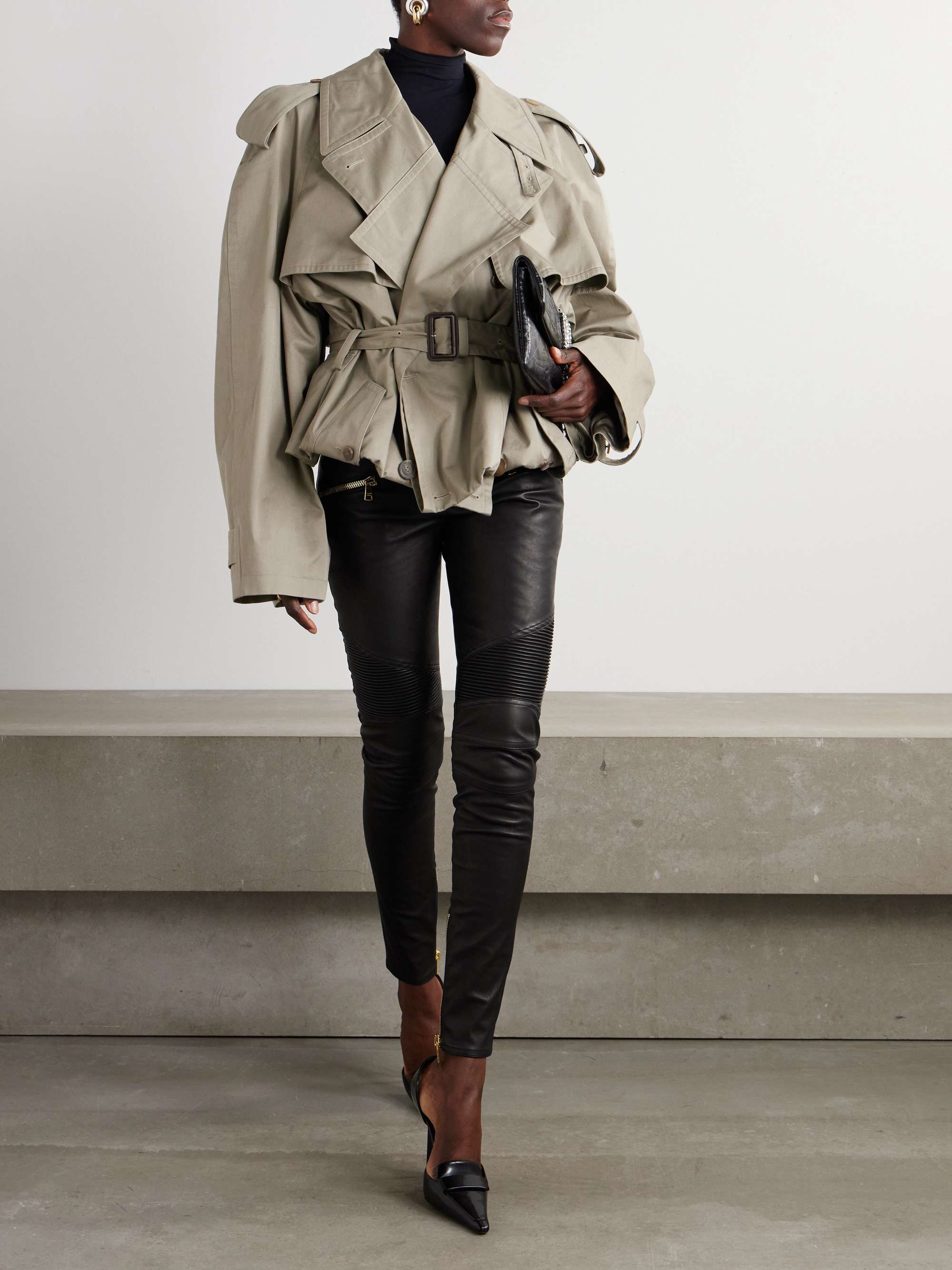 Zip-detailed paneled leather skinny pants view
