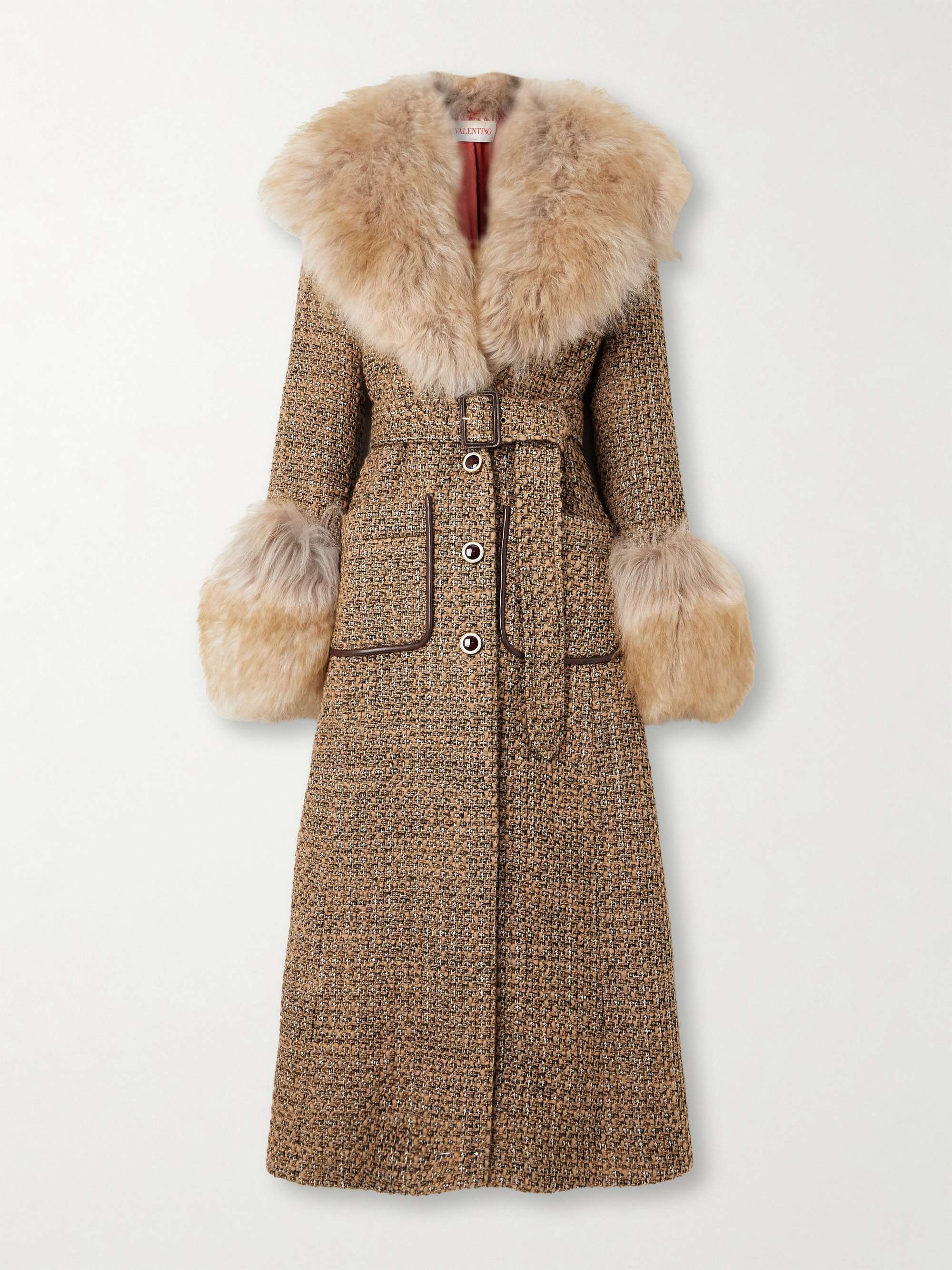 Faux fur-trimmed belted wool-blend tweed coat view