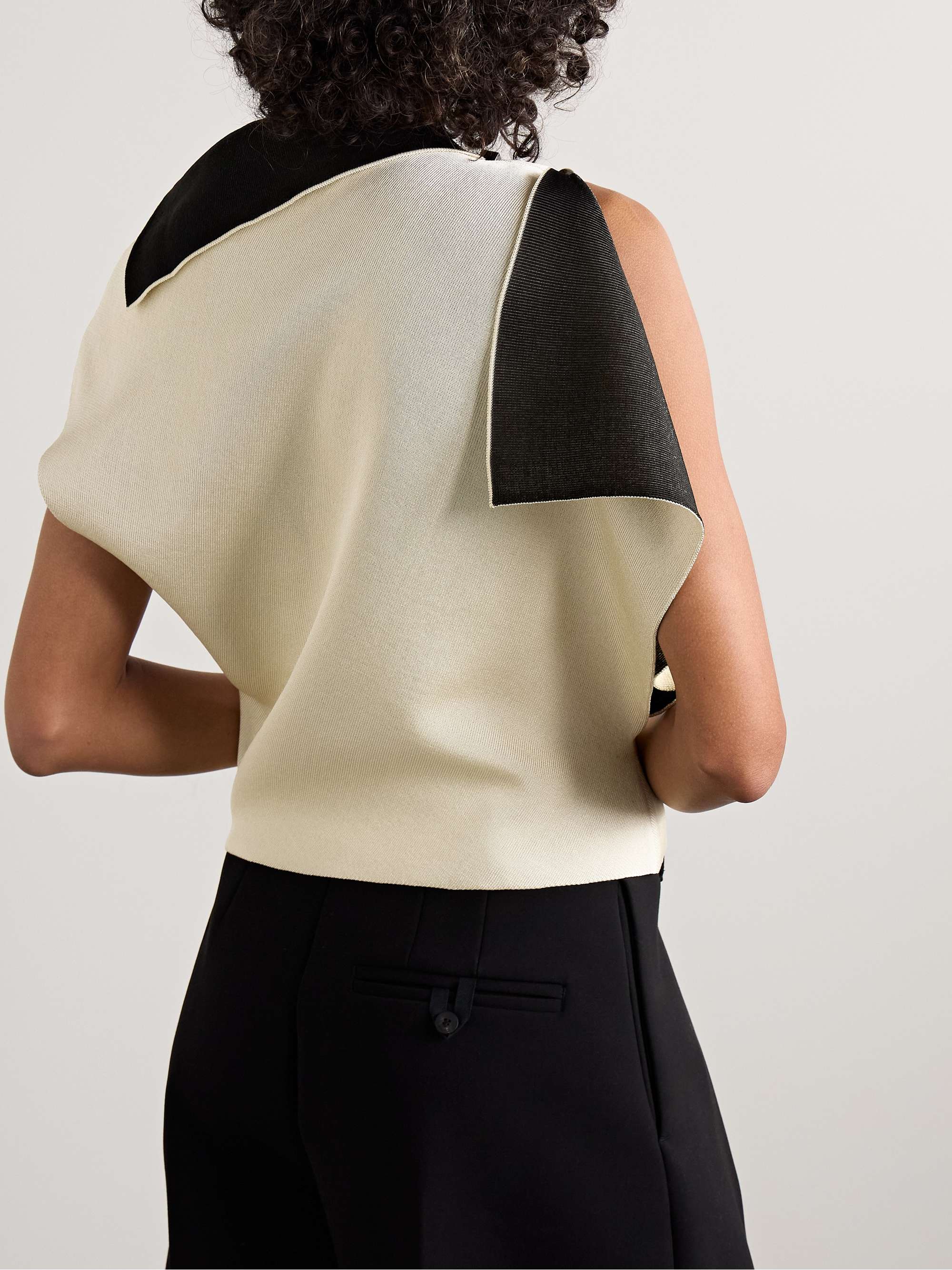 Trapèze asymmetric draped embellished knitted top view