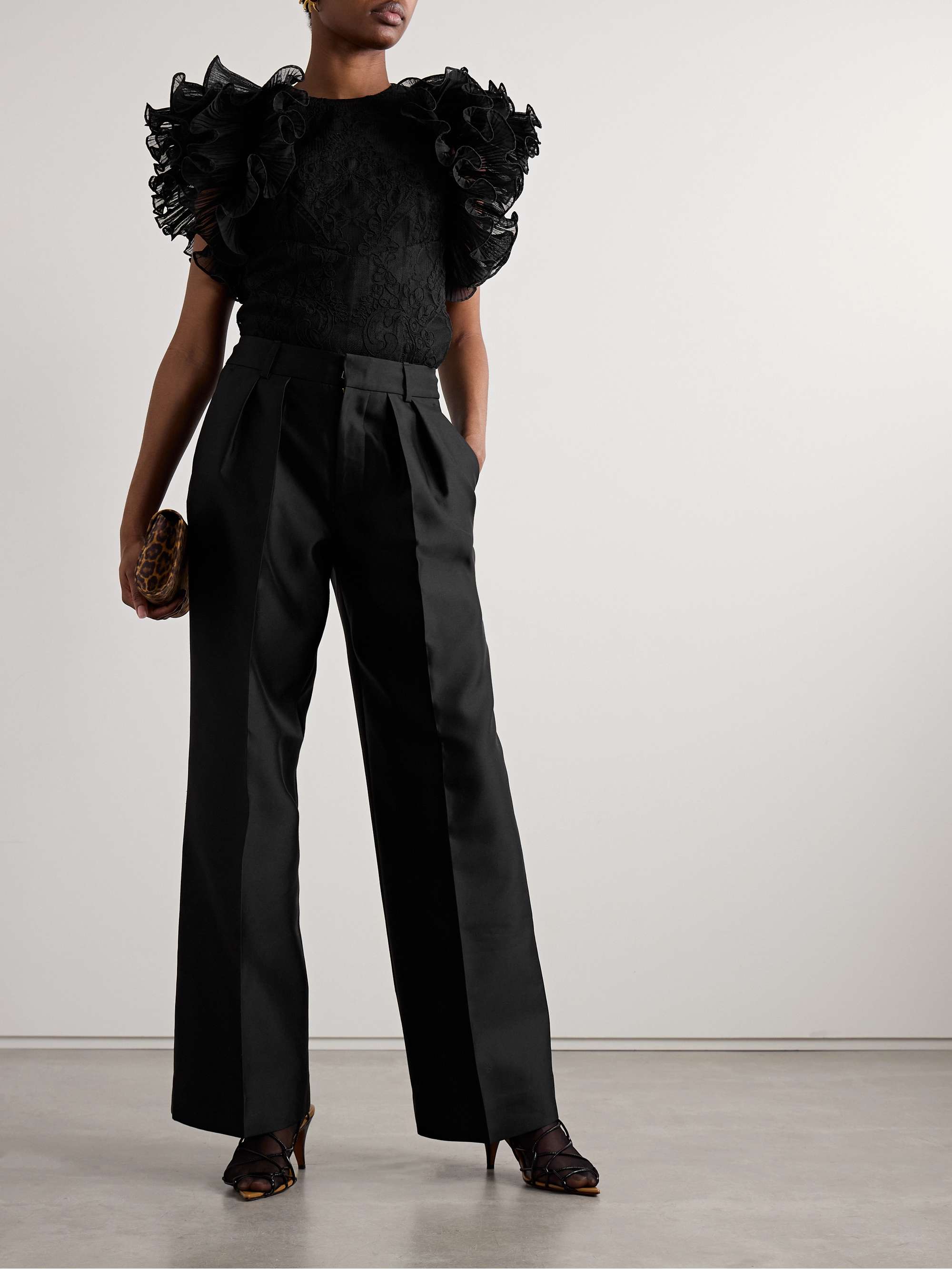Crush ruffled plissé-tulle and corded lace top view