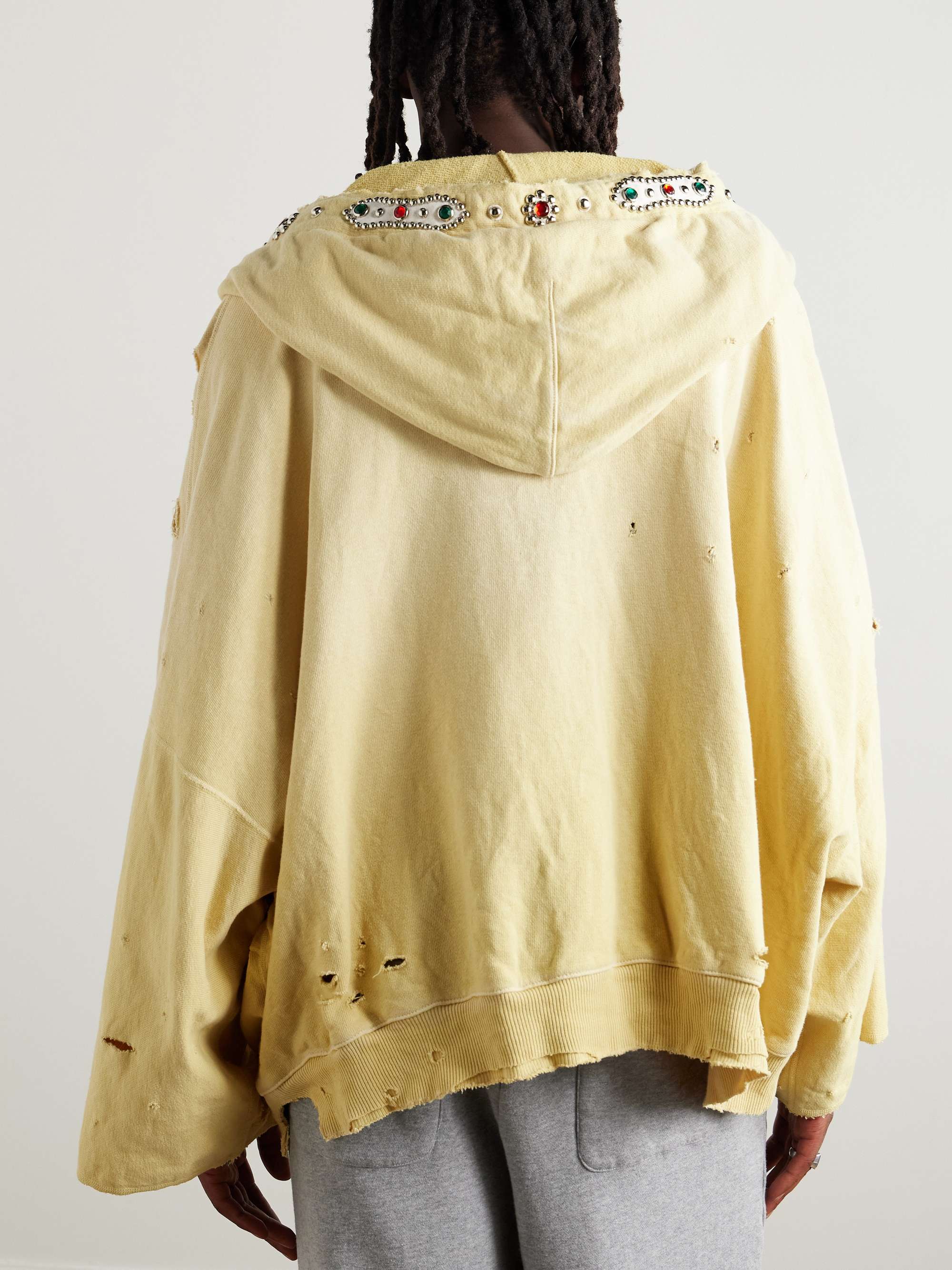 Embelished Distressed Cotton-Jersey Zip-Up Hoodie view