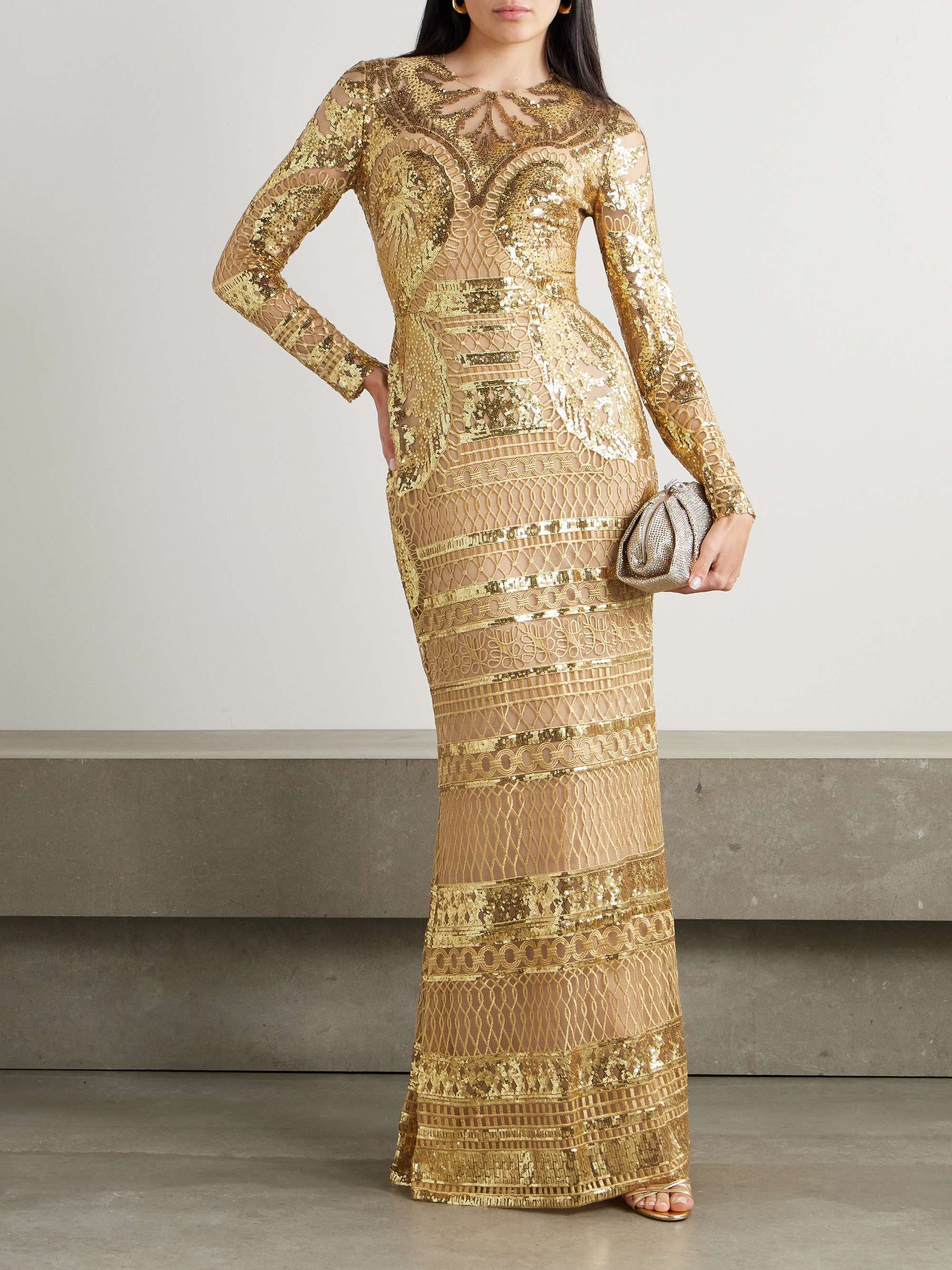 Sequin-embellished embroidered tulle gown view
