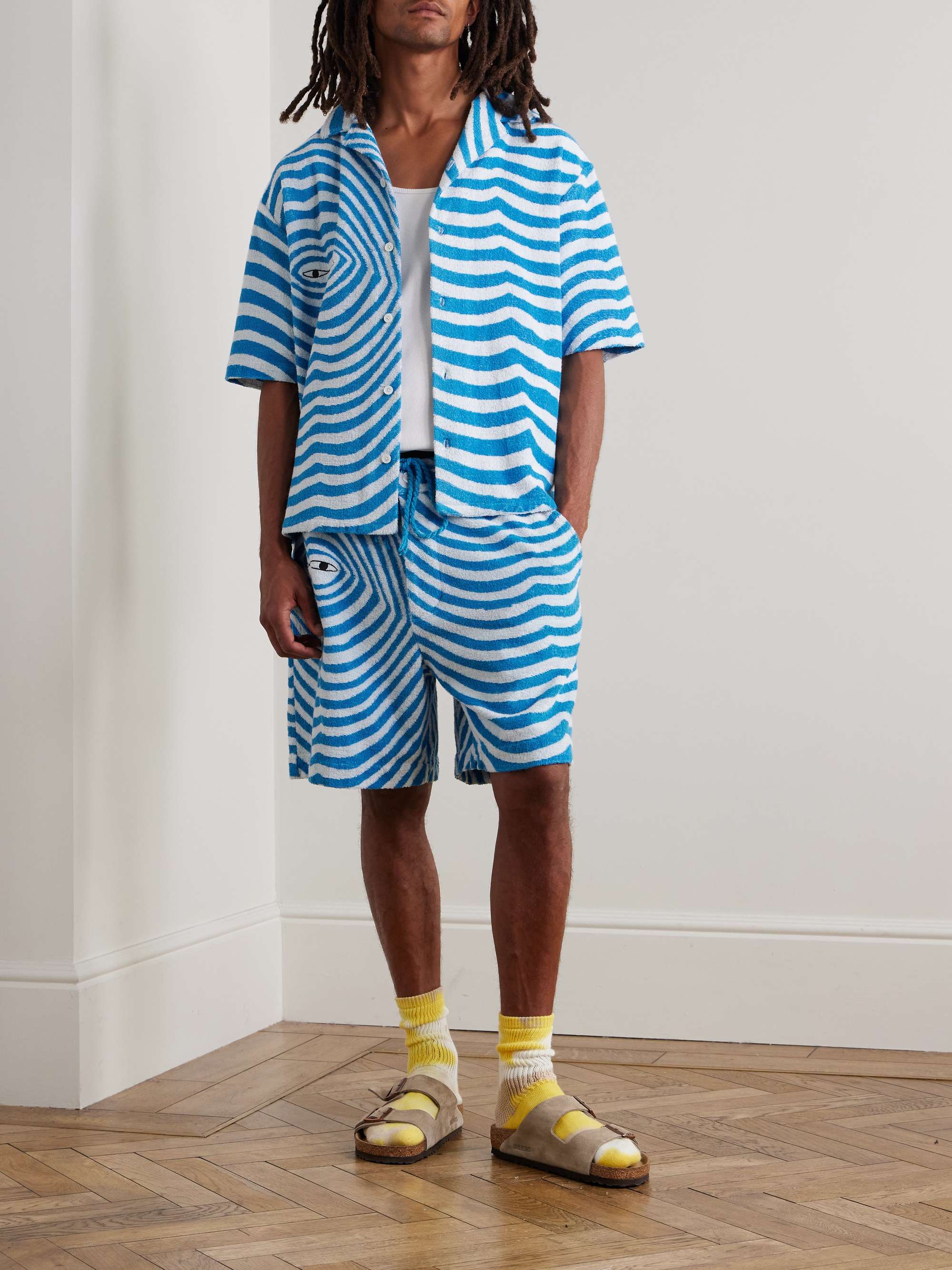Straight-Leg Embroidered Striped Organic Cotton-Terry Drawstring Shorts view
