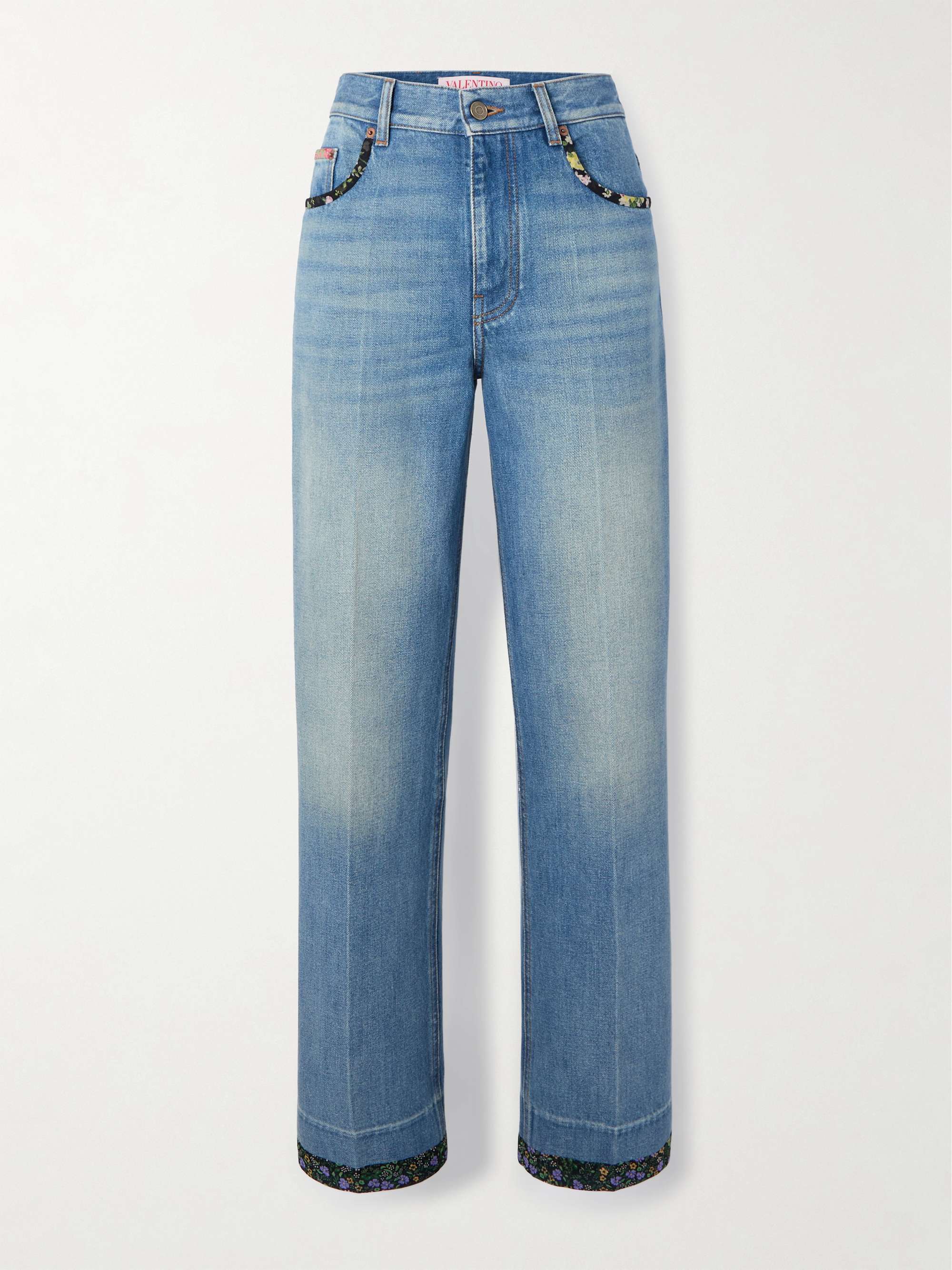 Printed chiffon-trimmed high-rise straight-leg jeans view