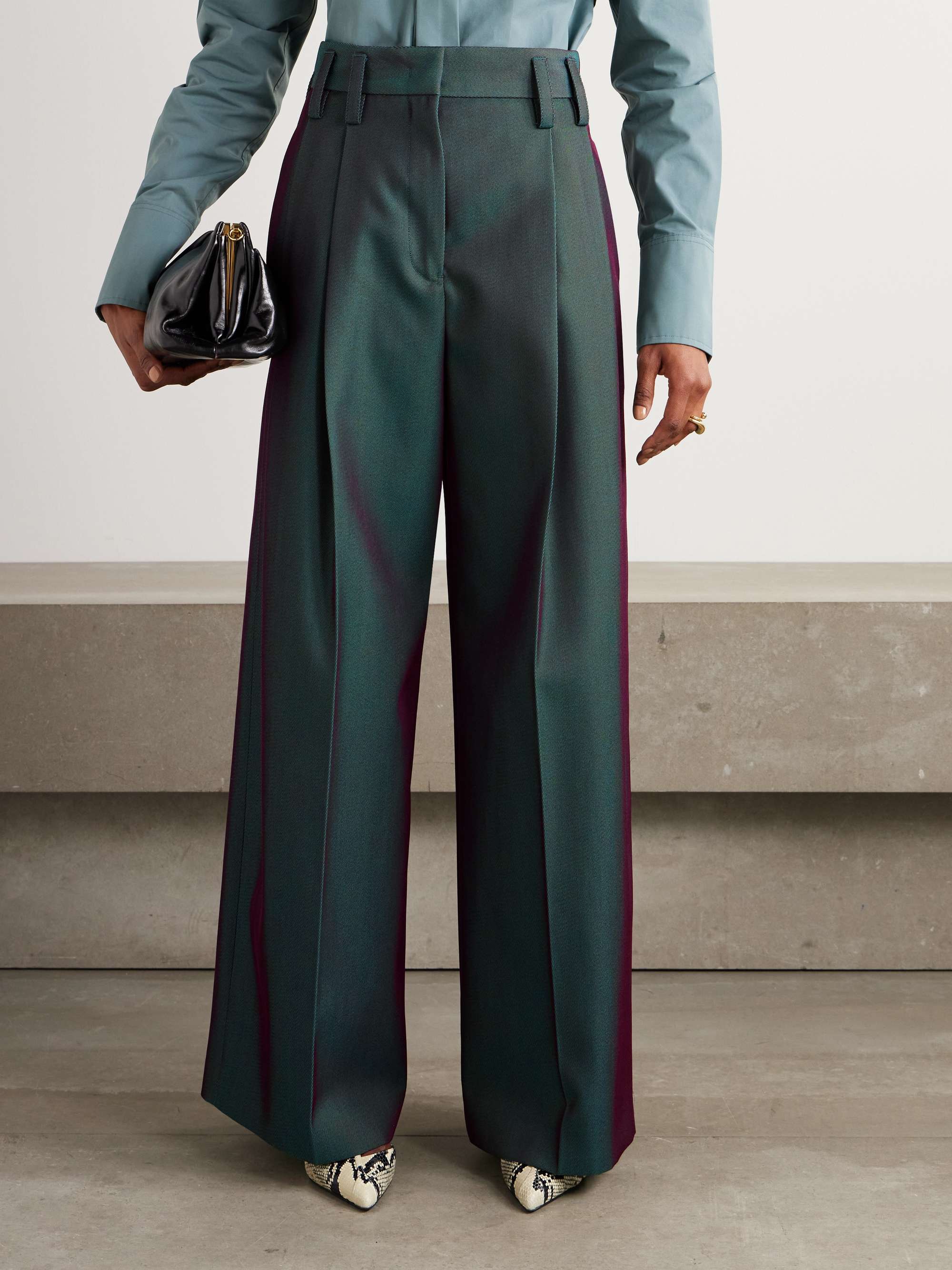 Pleated iridescent wool-blend gabardine wide-leg pants view