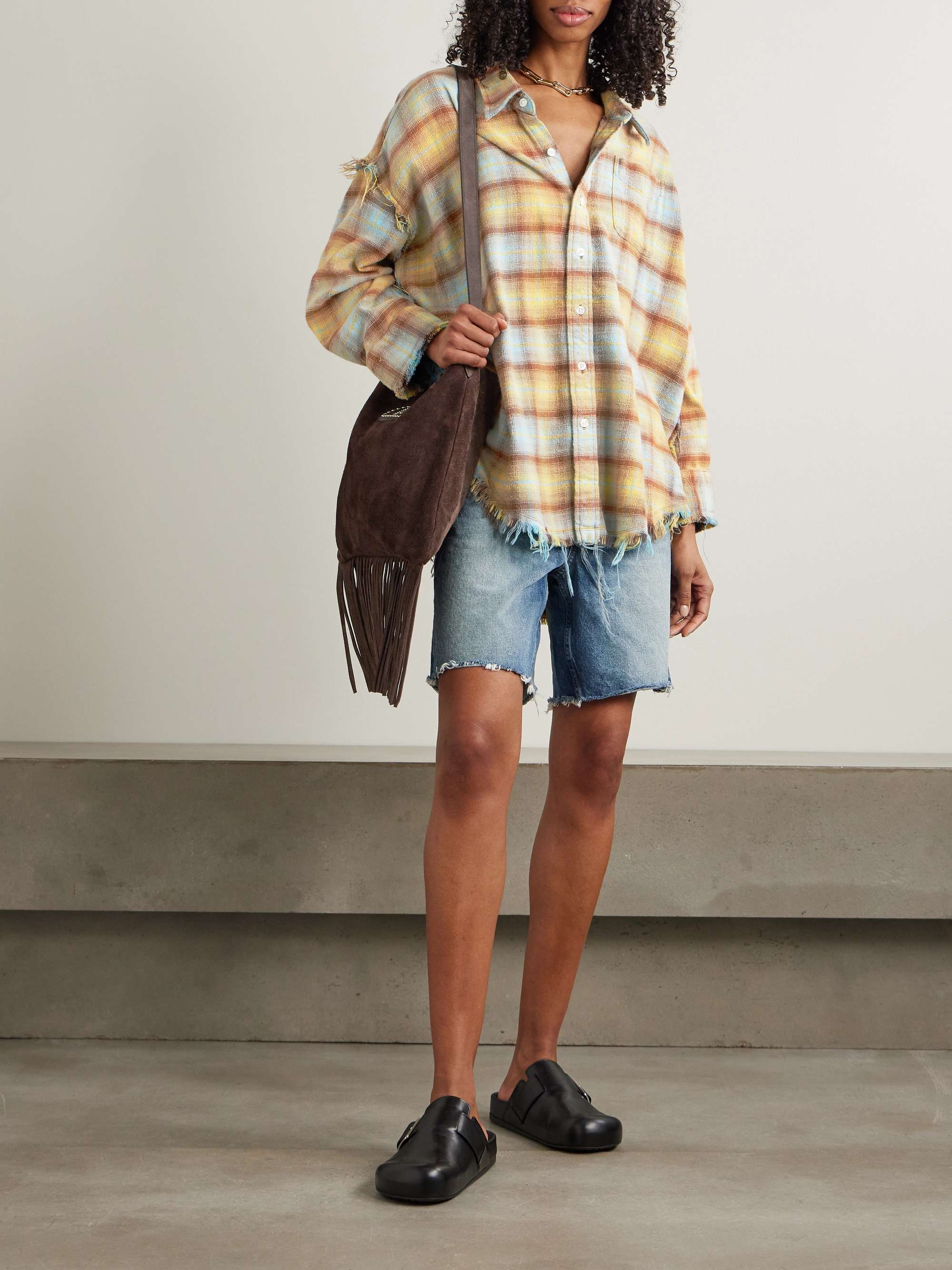 Distressed checked cotton-flannel shirt view