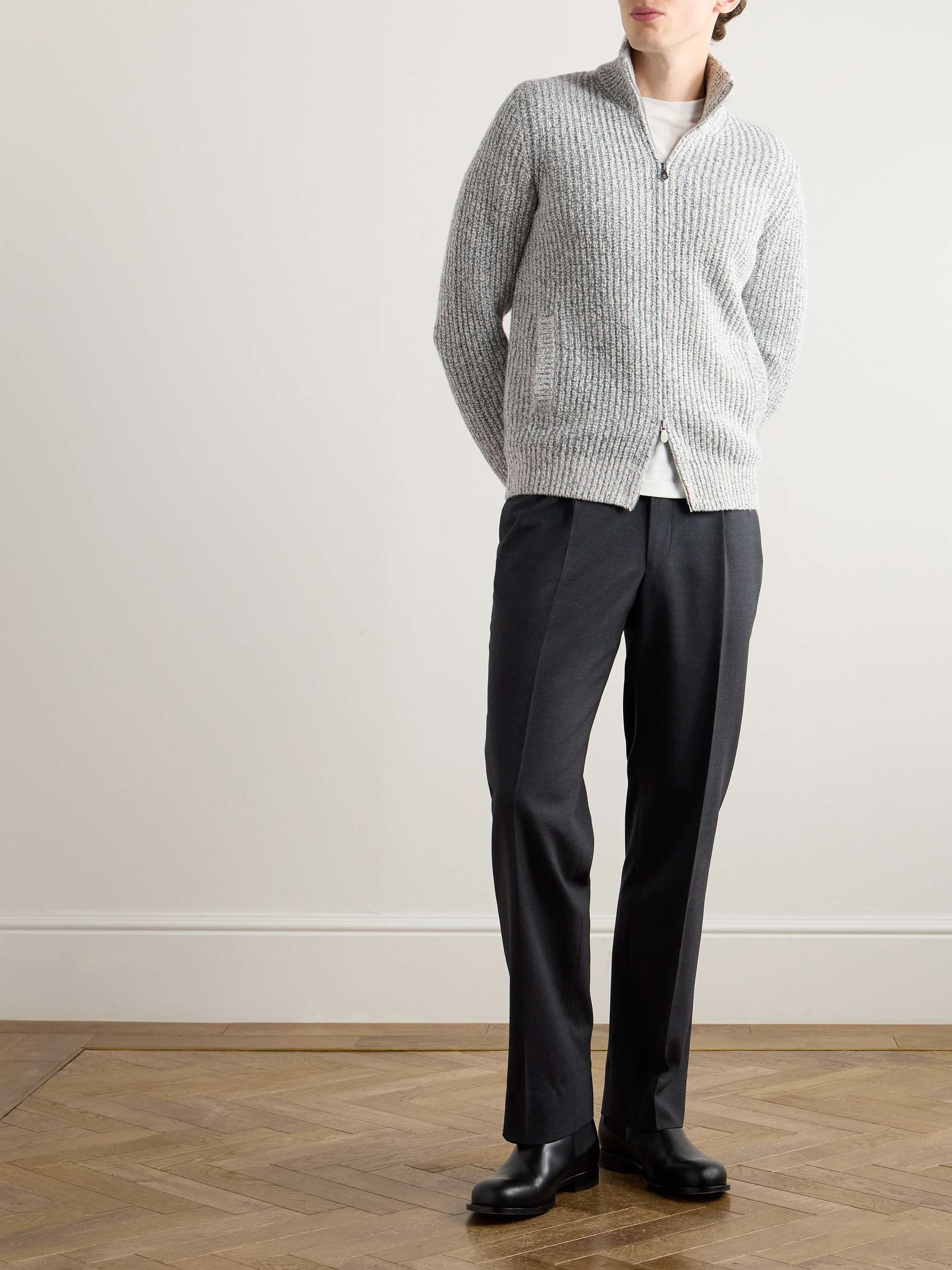 Ribbed Wool, Silk and Cashmere-Blend Zip-Up Cardigan view