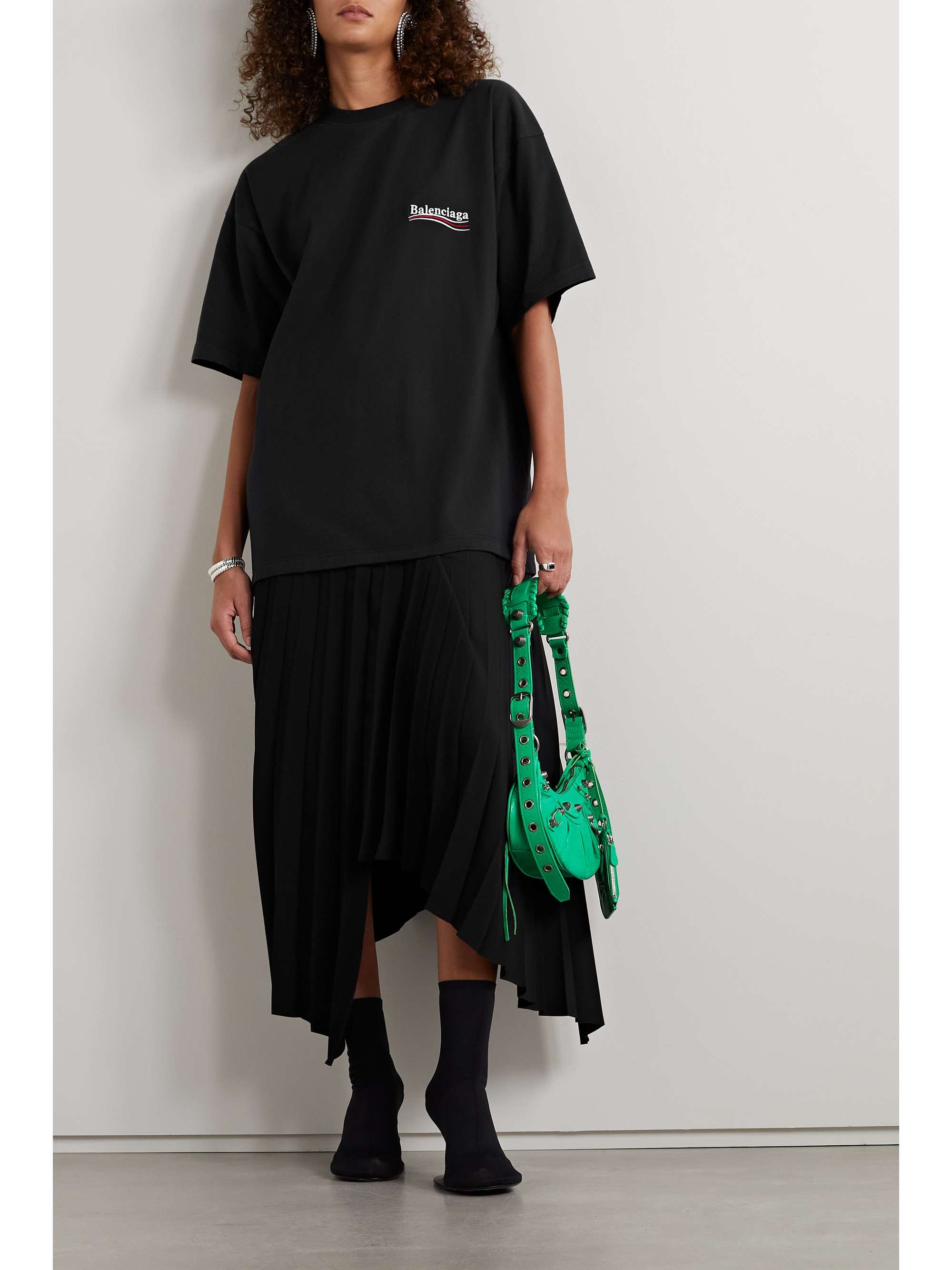 Embroidered cotton-jersey and pleated crepe midi dress view