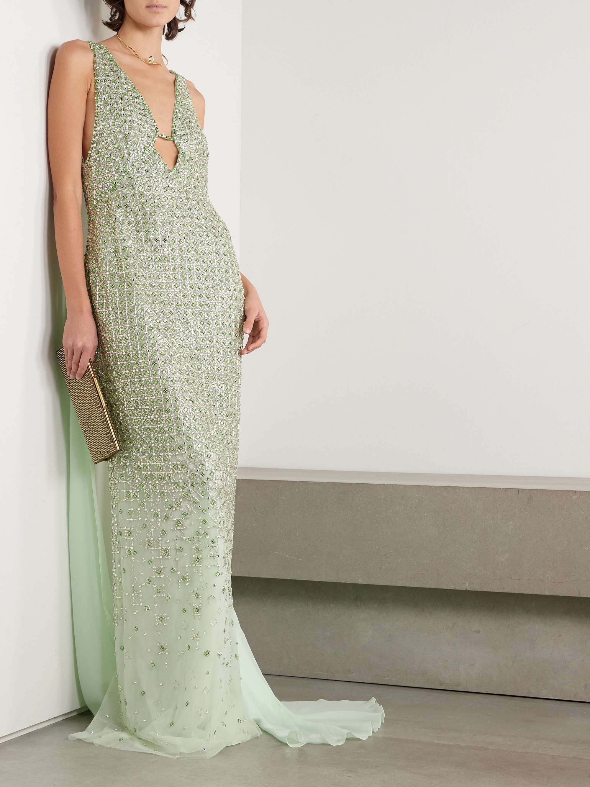Crystal-embellished georgette-trimmed tulle gown view