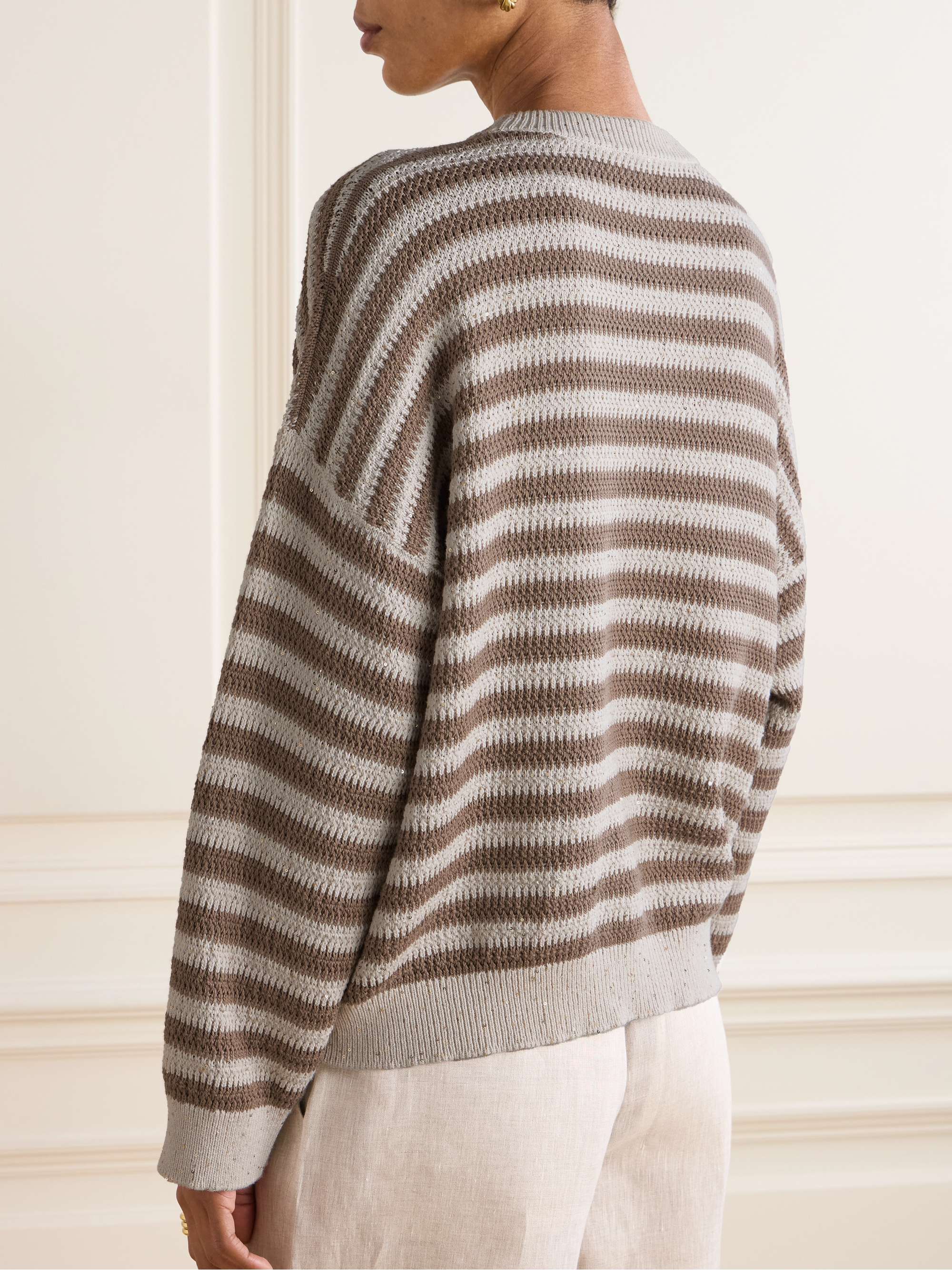 Sequin-embellished striped cotton-blend sweater view