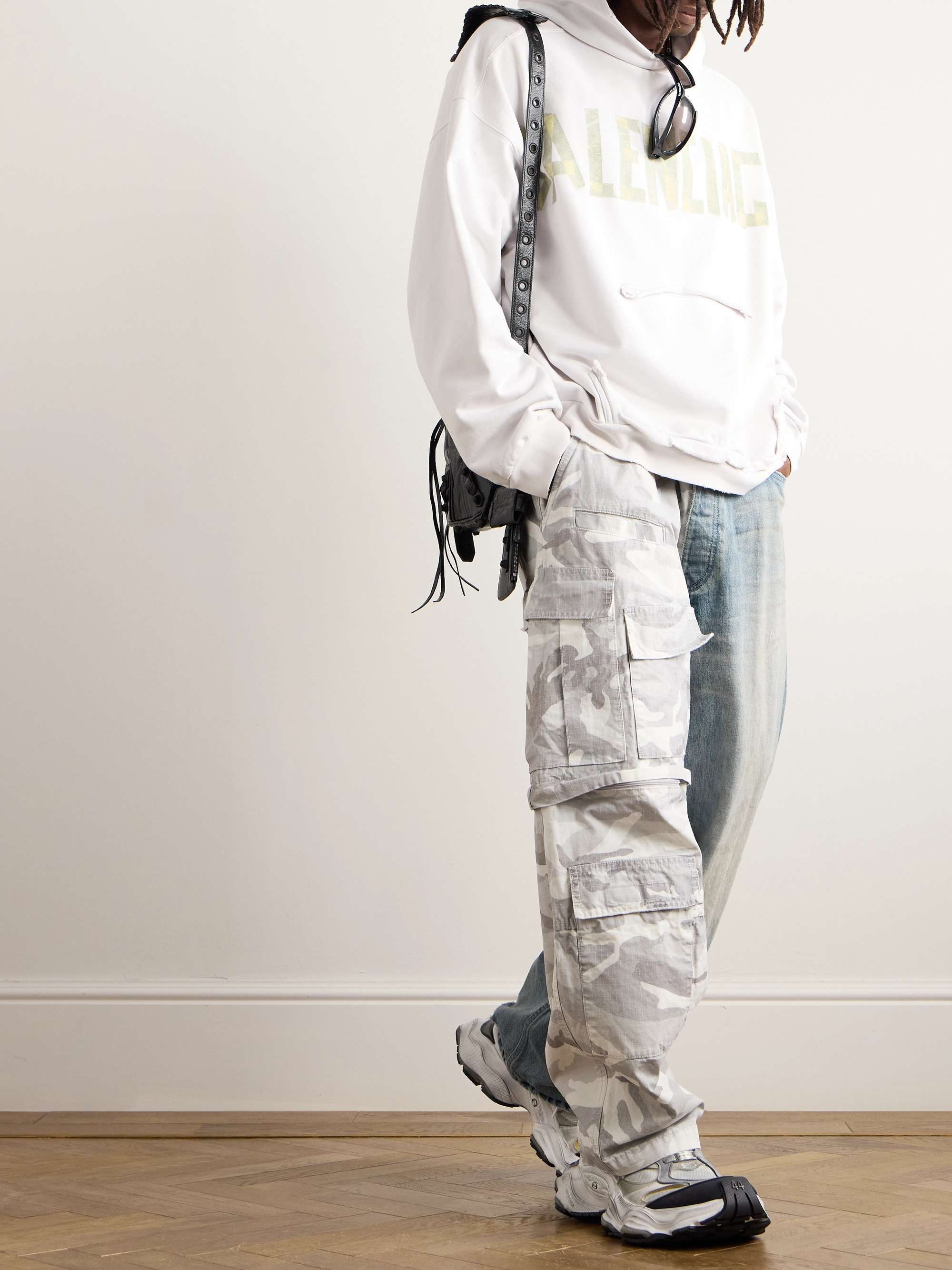 Hybrid Wide-Leg Ripstop and Distressed Denim Drawstring Trousers view