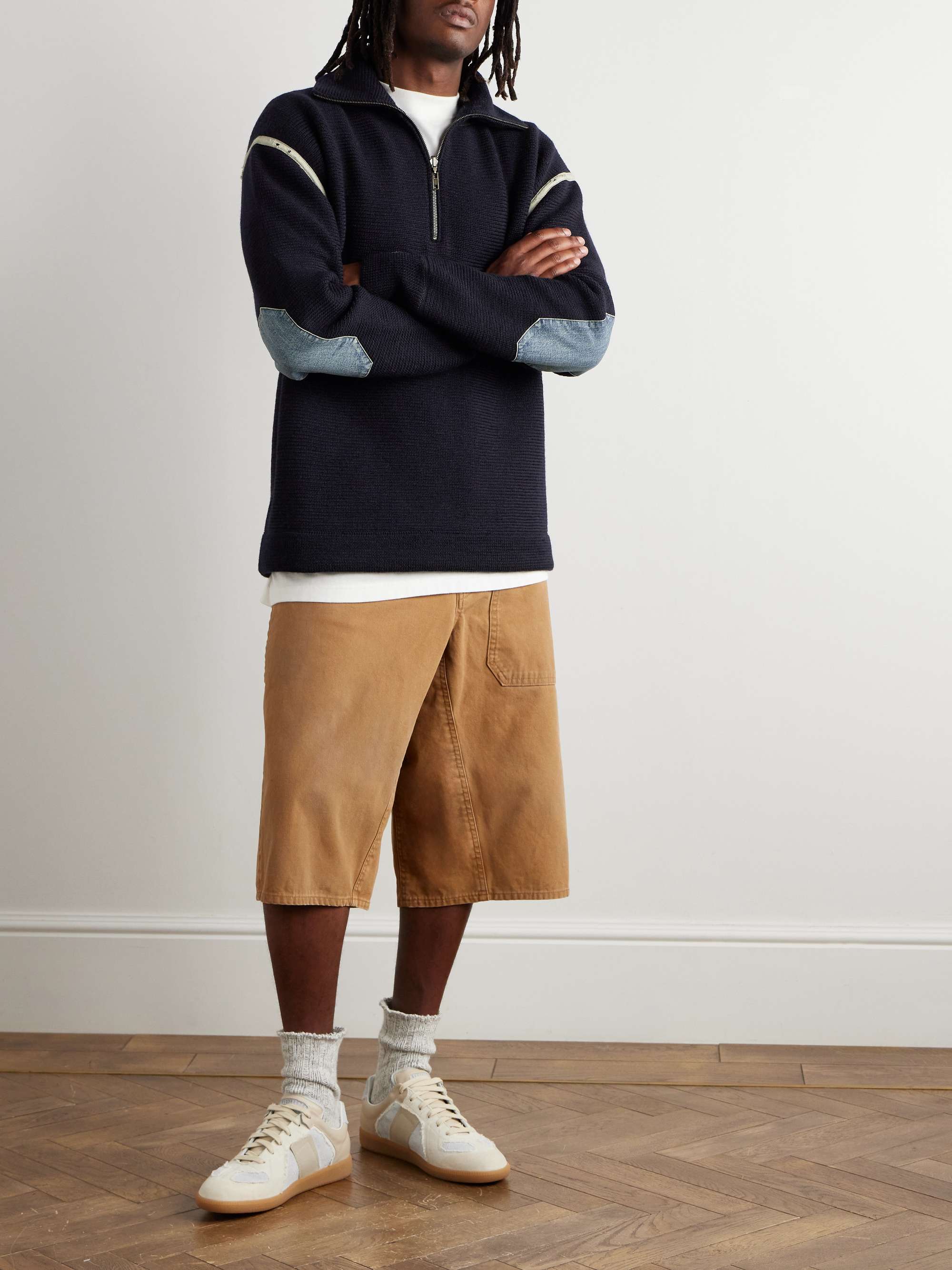 Denim-Trimmed Wool Half-Zip Sweater view