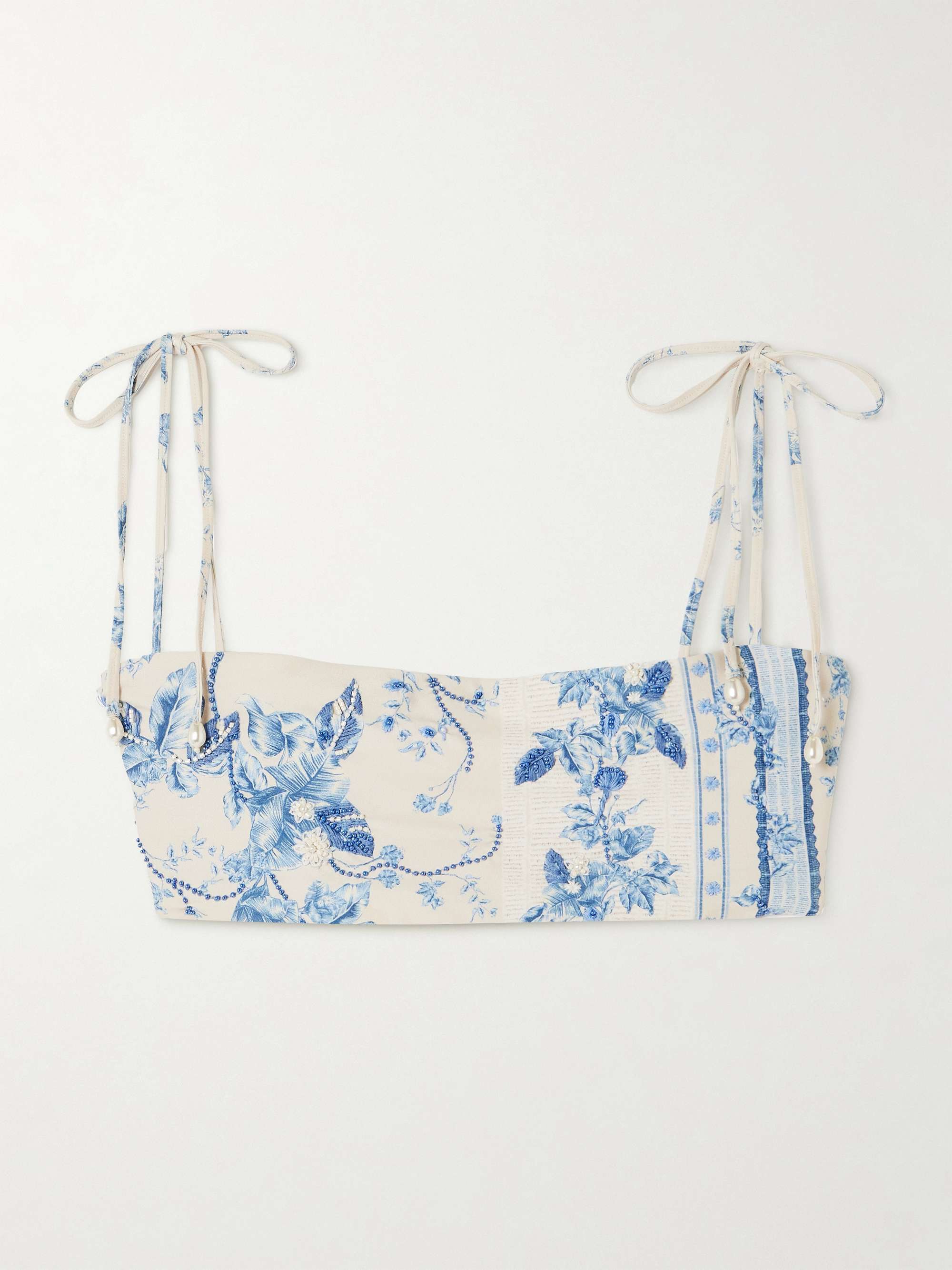 Primavera Bougainvillea faux pearl and bead-embellished floral-print recycled bikini top view