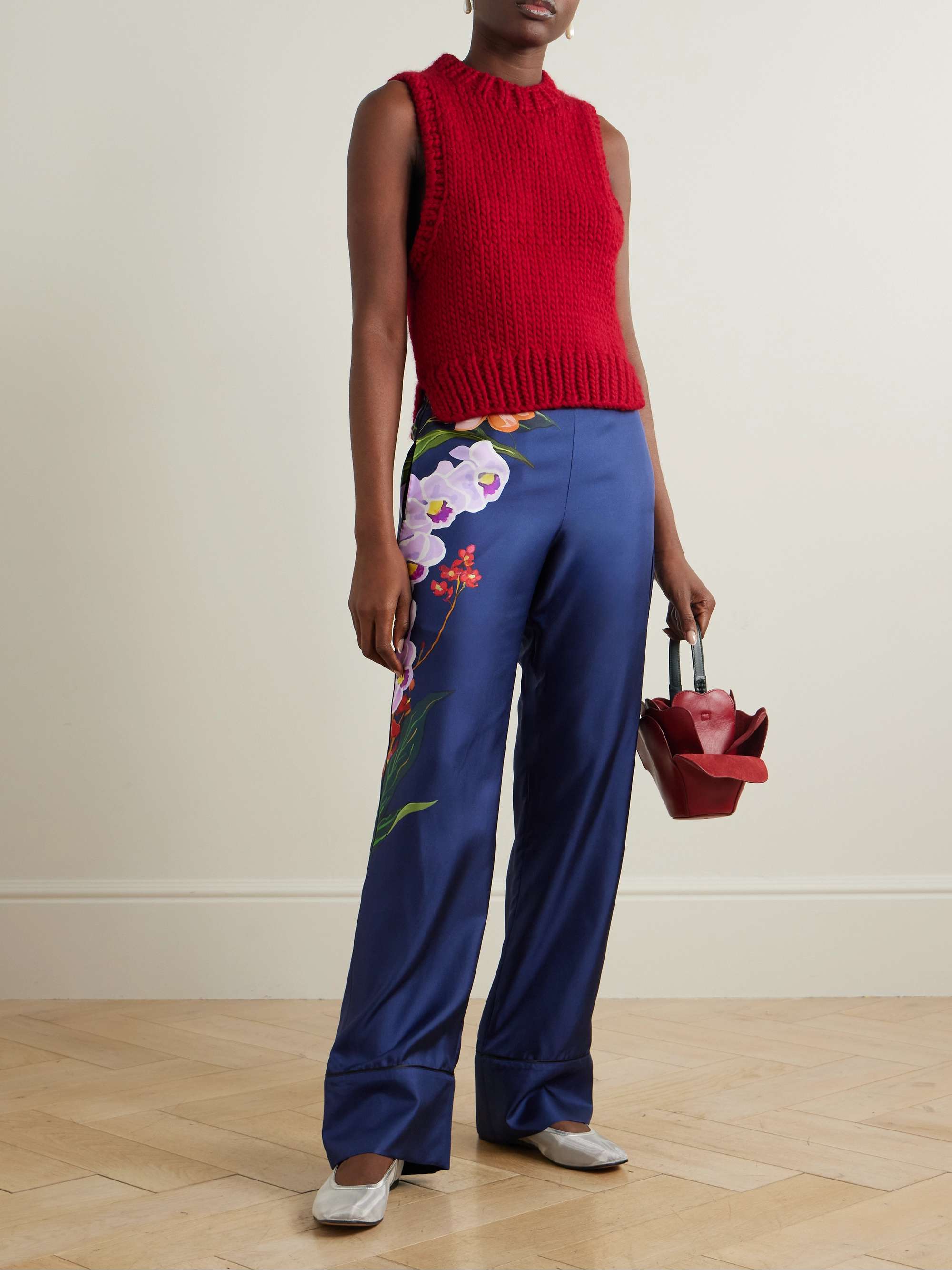 Havana floral-print silk-twill wide-leg pants view