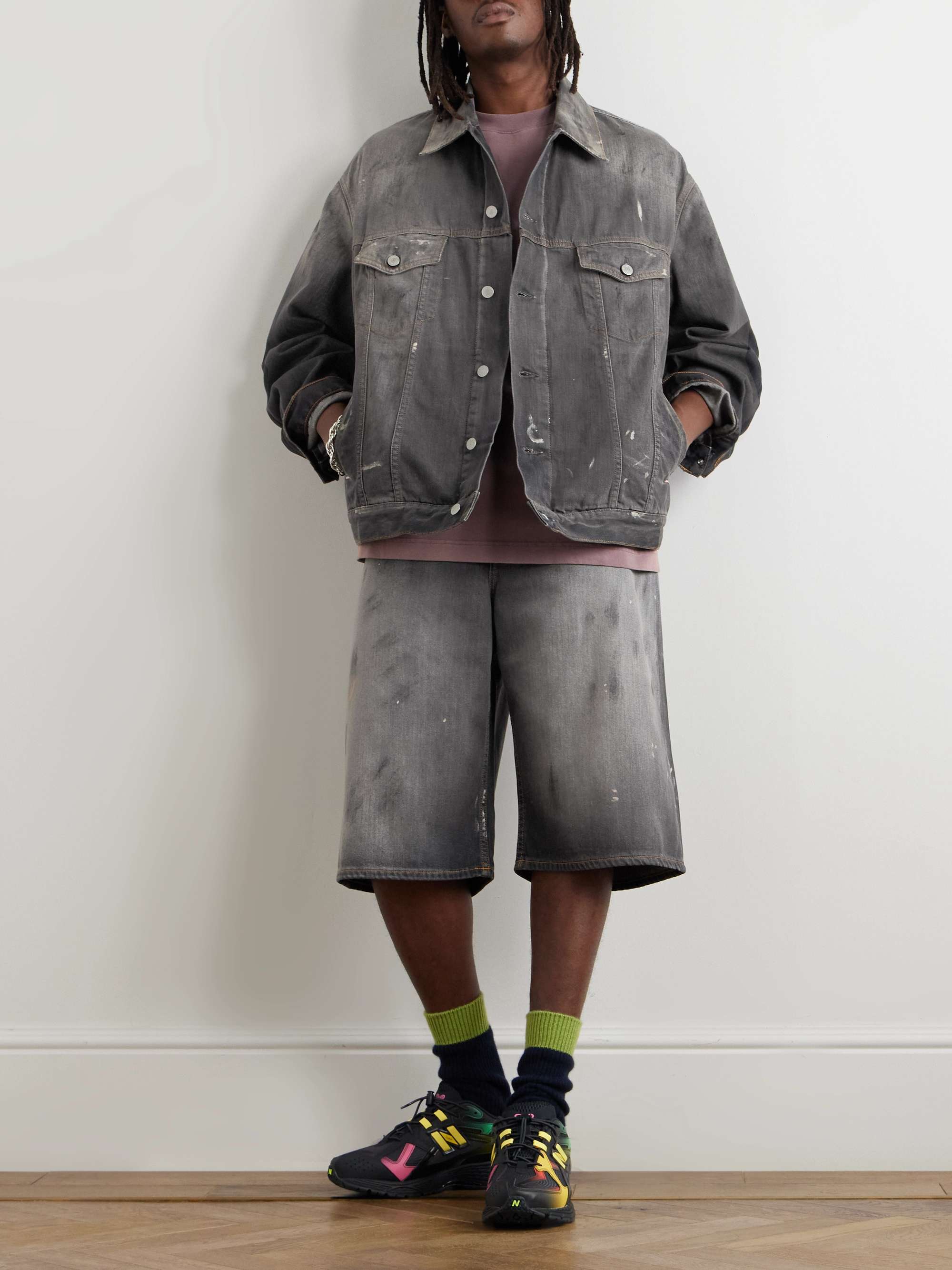 Judda Wide-Leg Distressed Paint-Splattered Denim Shorts view