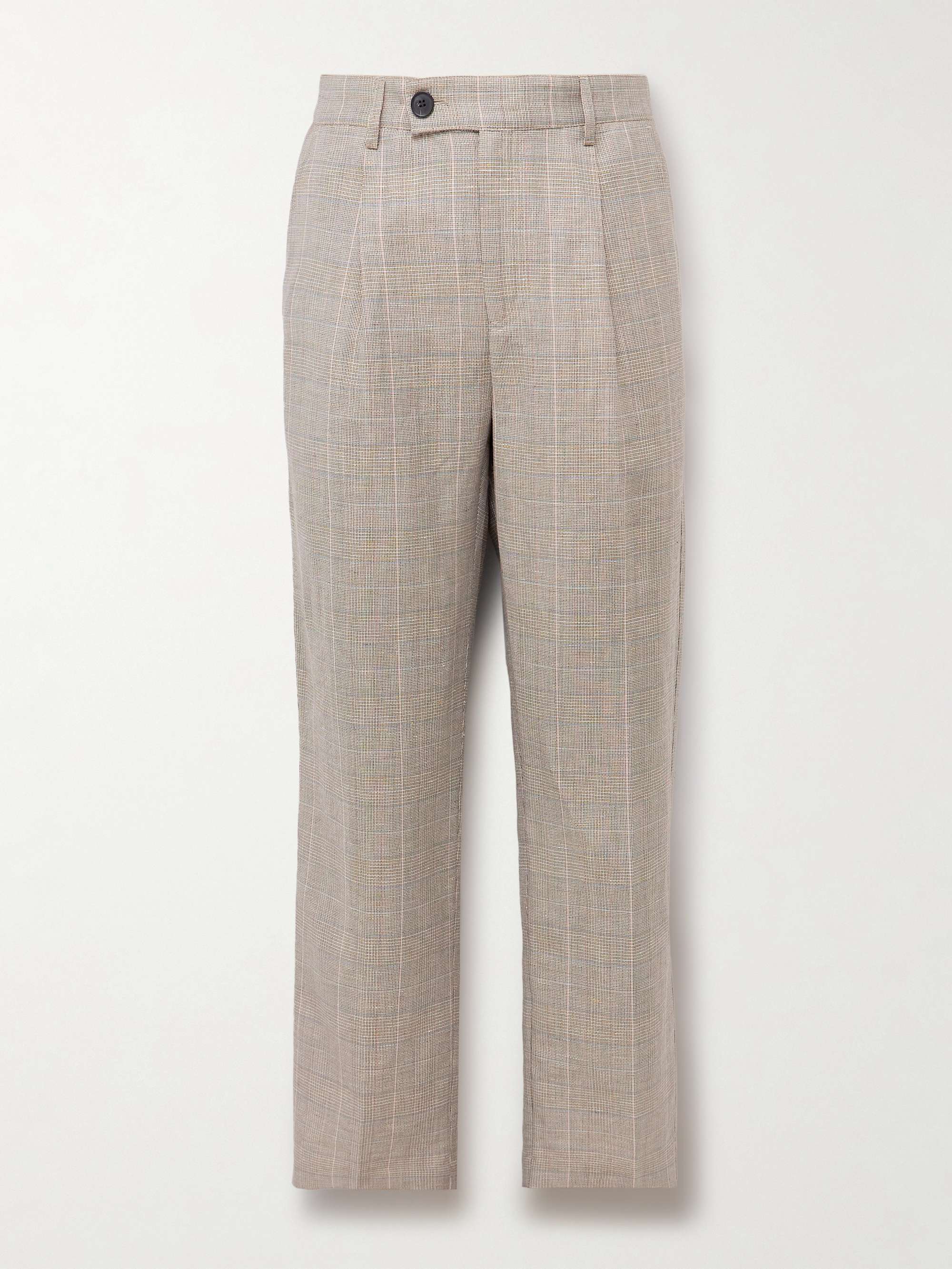Straight-Leg Pleated Checked Linen and Wool-Blend Trousers view