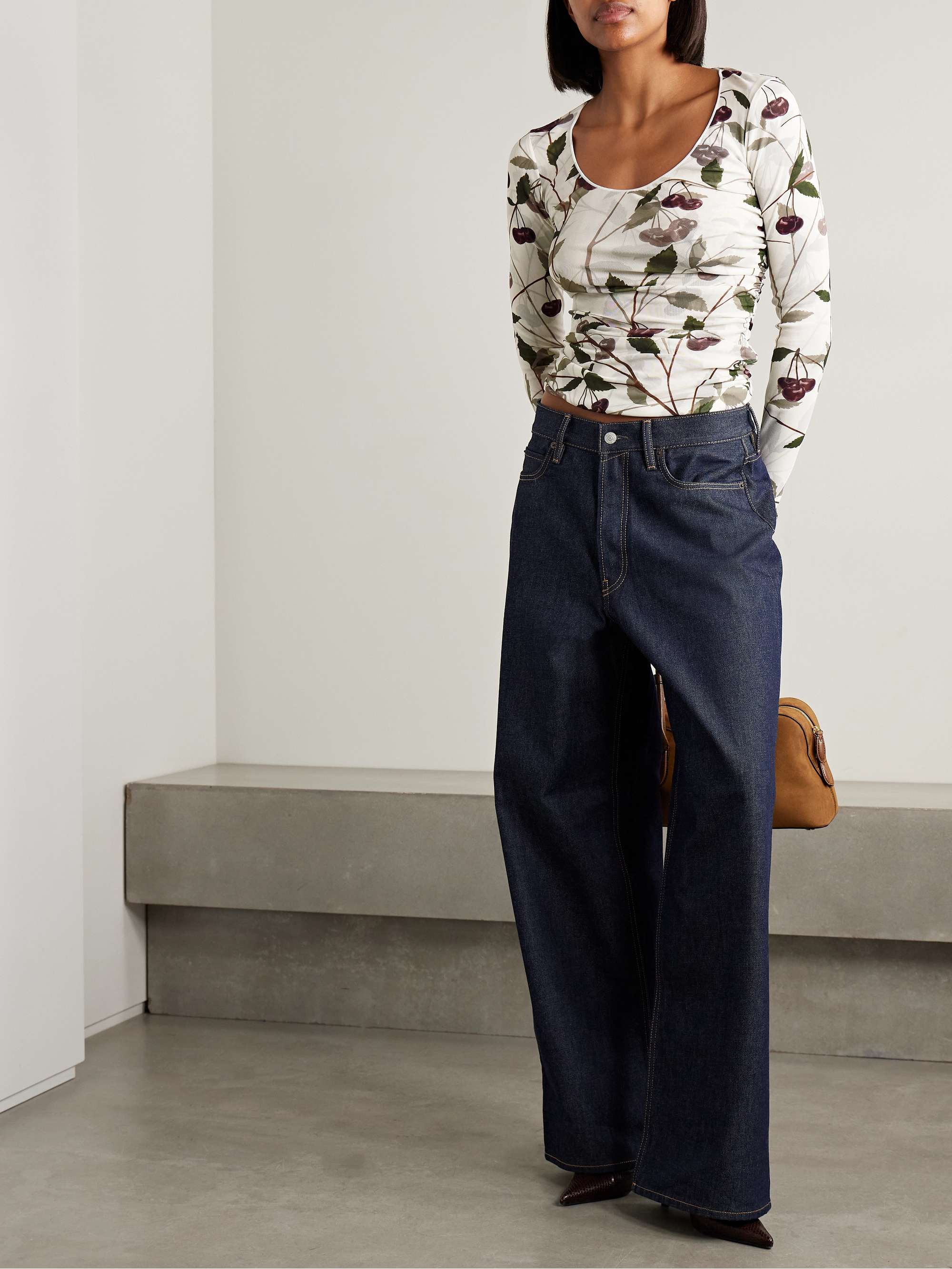Ruched printed stretch-mesh top view