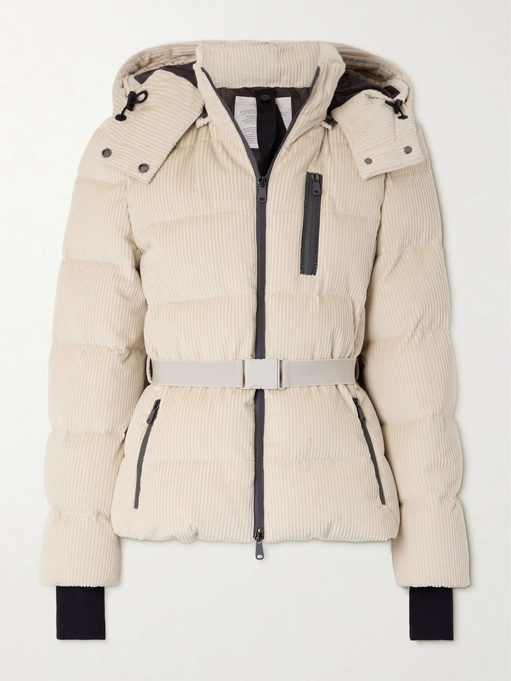 Hooded belted bead-embellished ribbed cotton-velvet ski jacket view