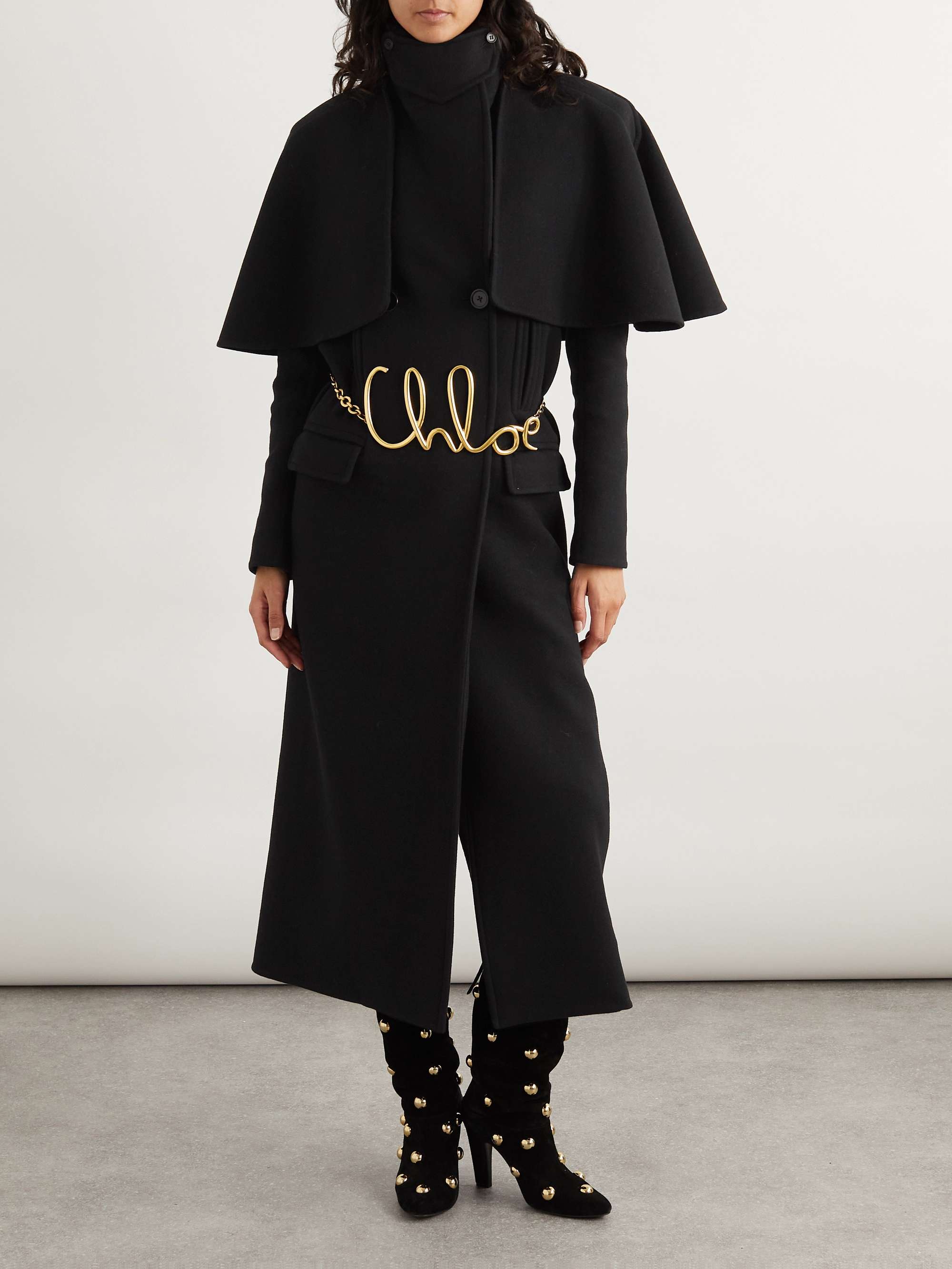 Cape-effect double-breasted leather-trimmed wool coat view