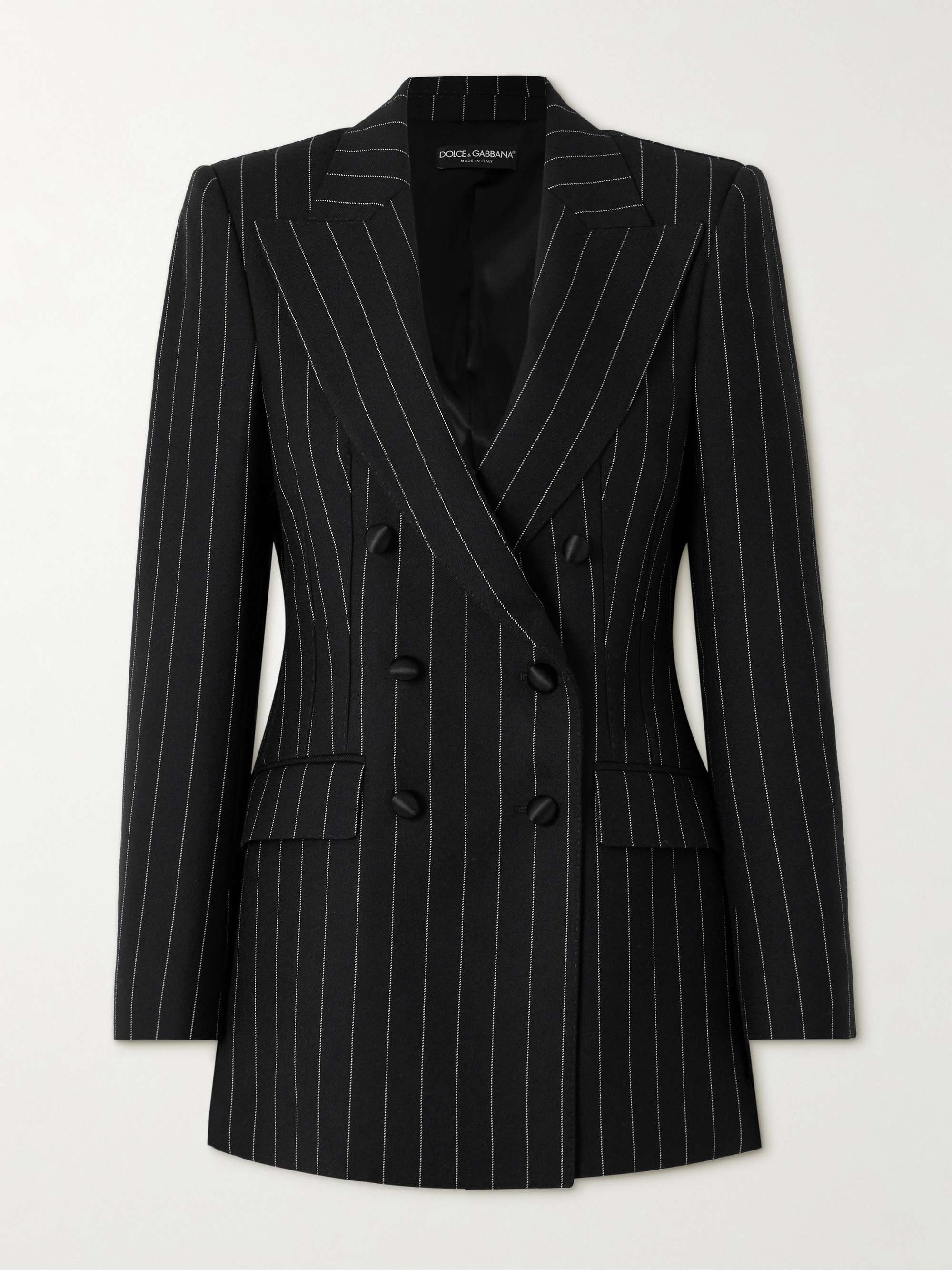 Double-breasted pinstriped wool-blend blazer view