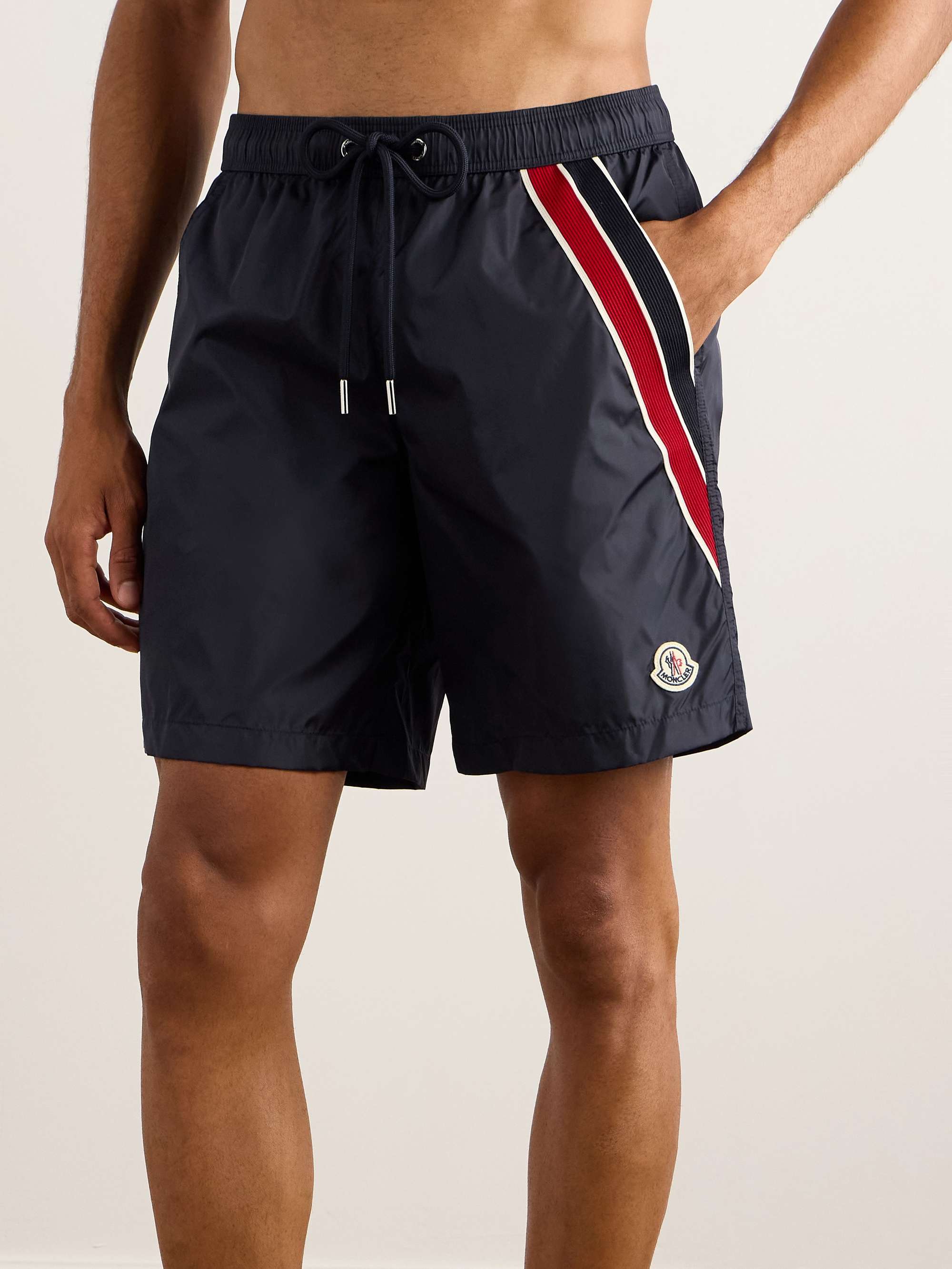Straight-Leg Mid-Length Logo-Appliquéd Striped Swim Shorts view