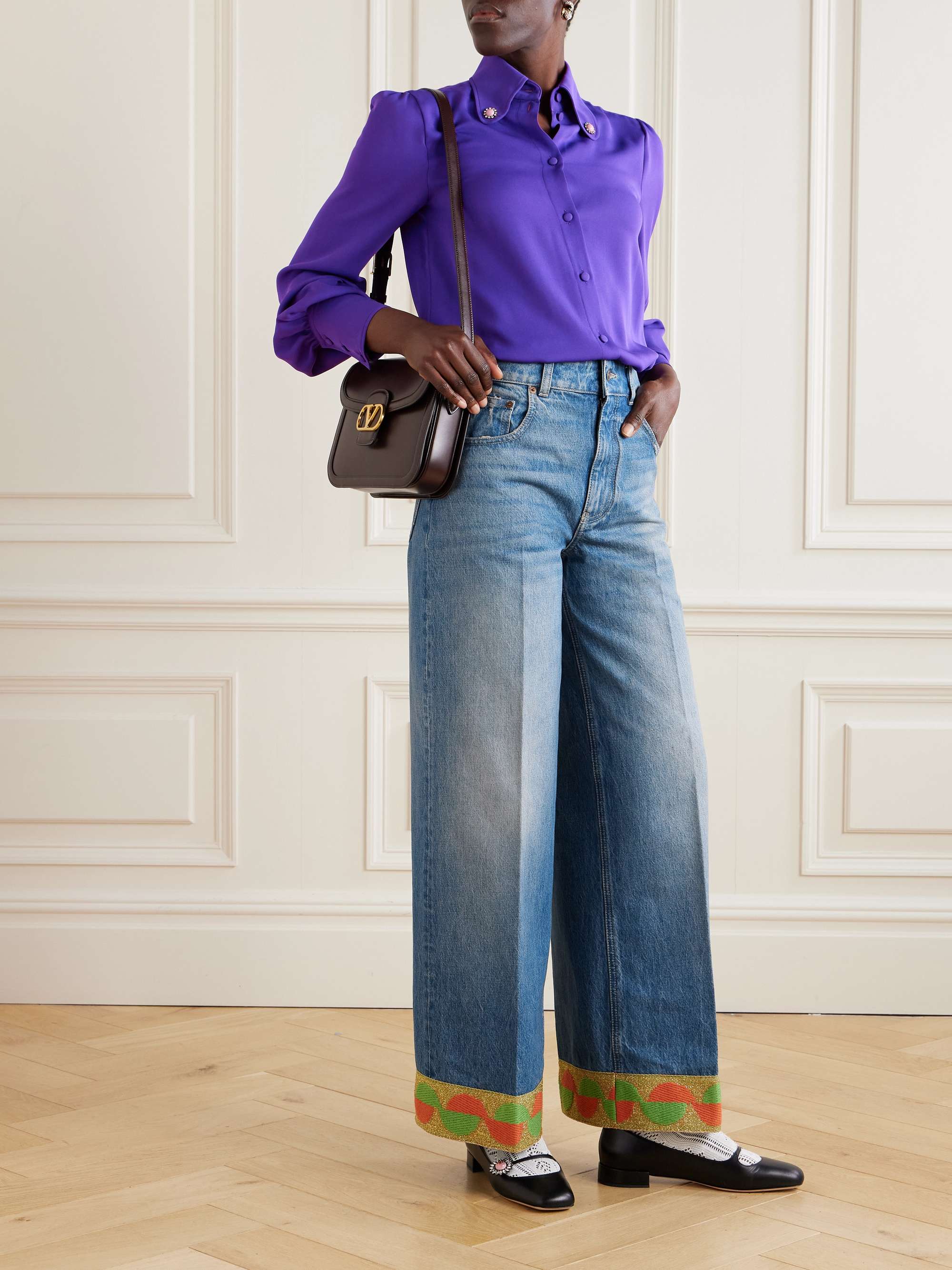 Metallic jacquard-trimmed high-rise wide-leg jeans view