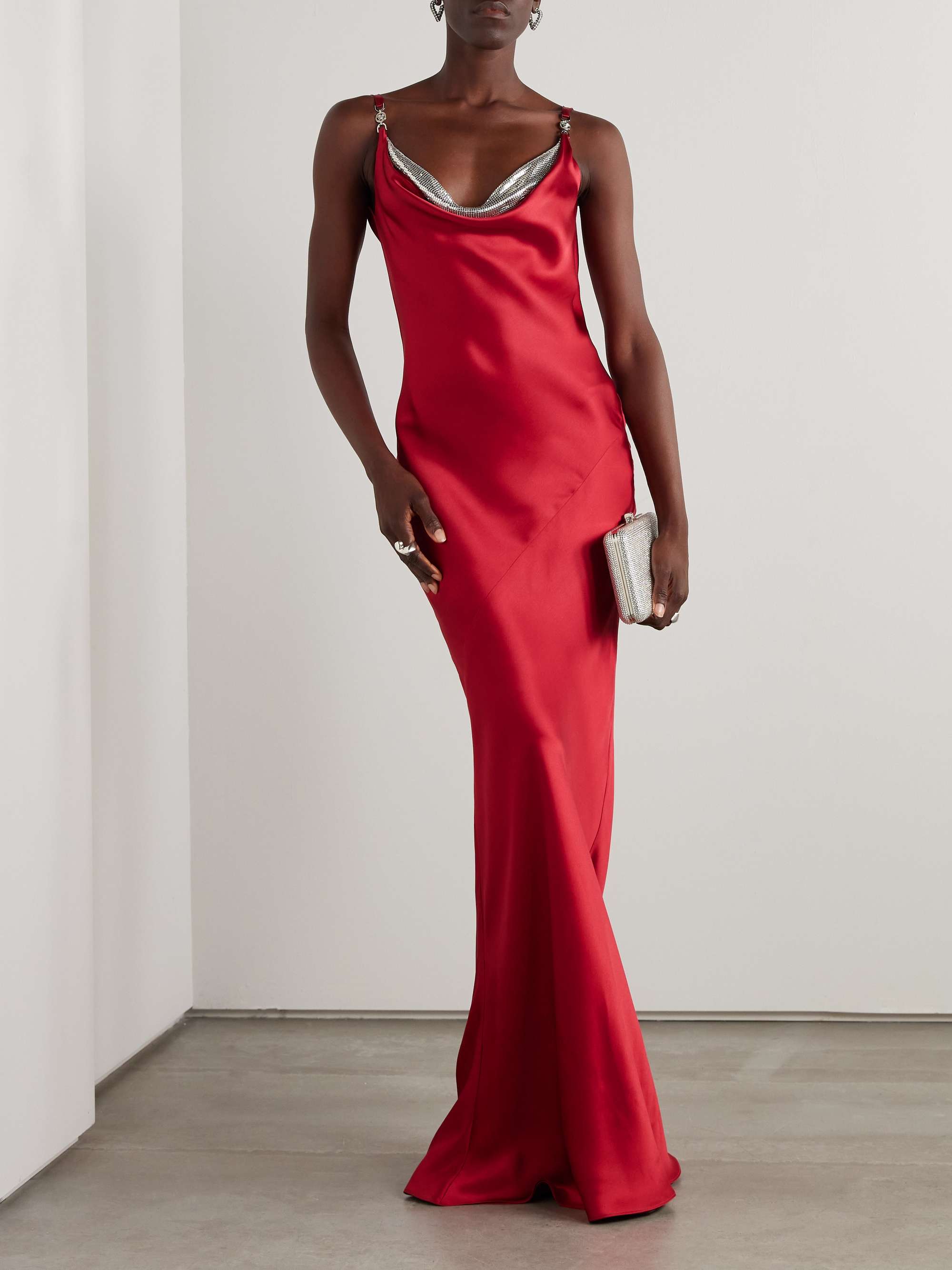 Sequin-trimmed draped silk-satin gown view