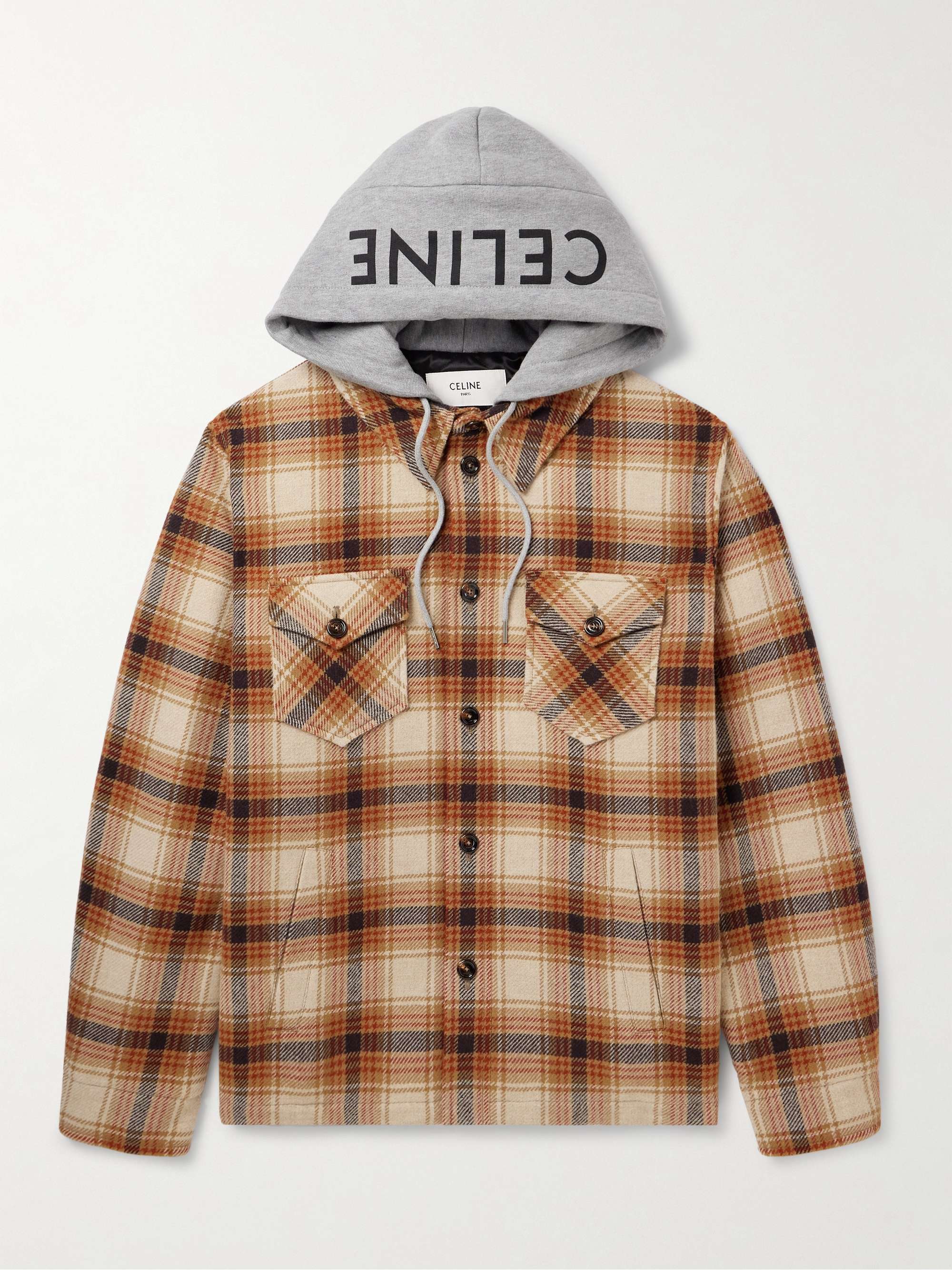 Logo-Print Cotton-Trimmed Checked Wool Hooded Overshirt view