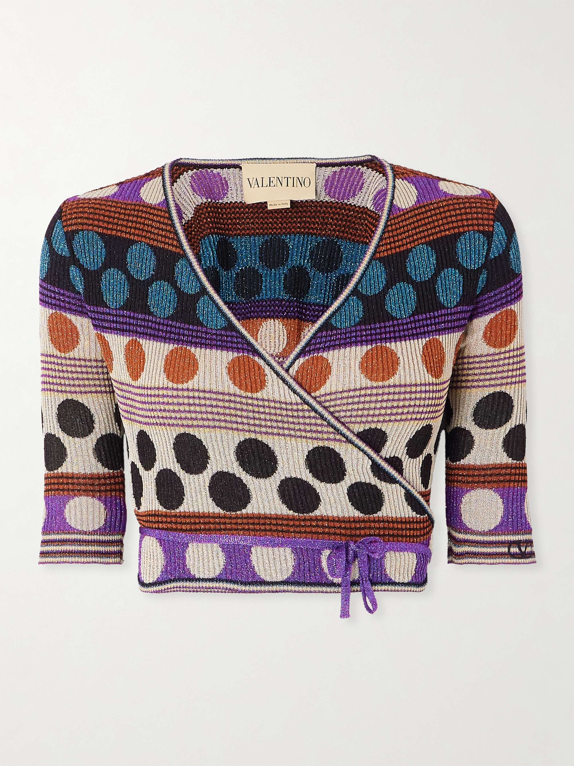 Cropped ribbed metallic jacquard-knit wrap cardigan view