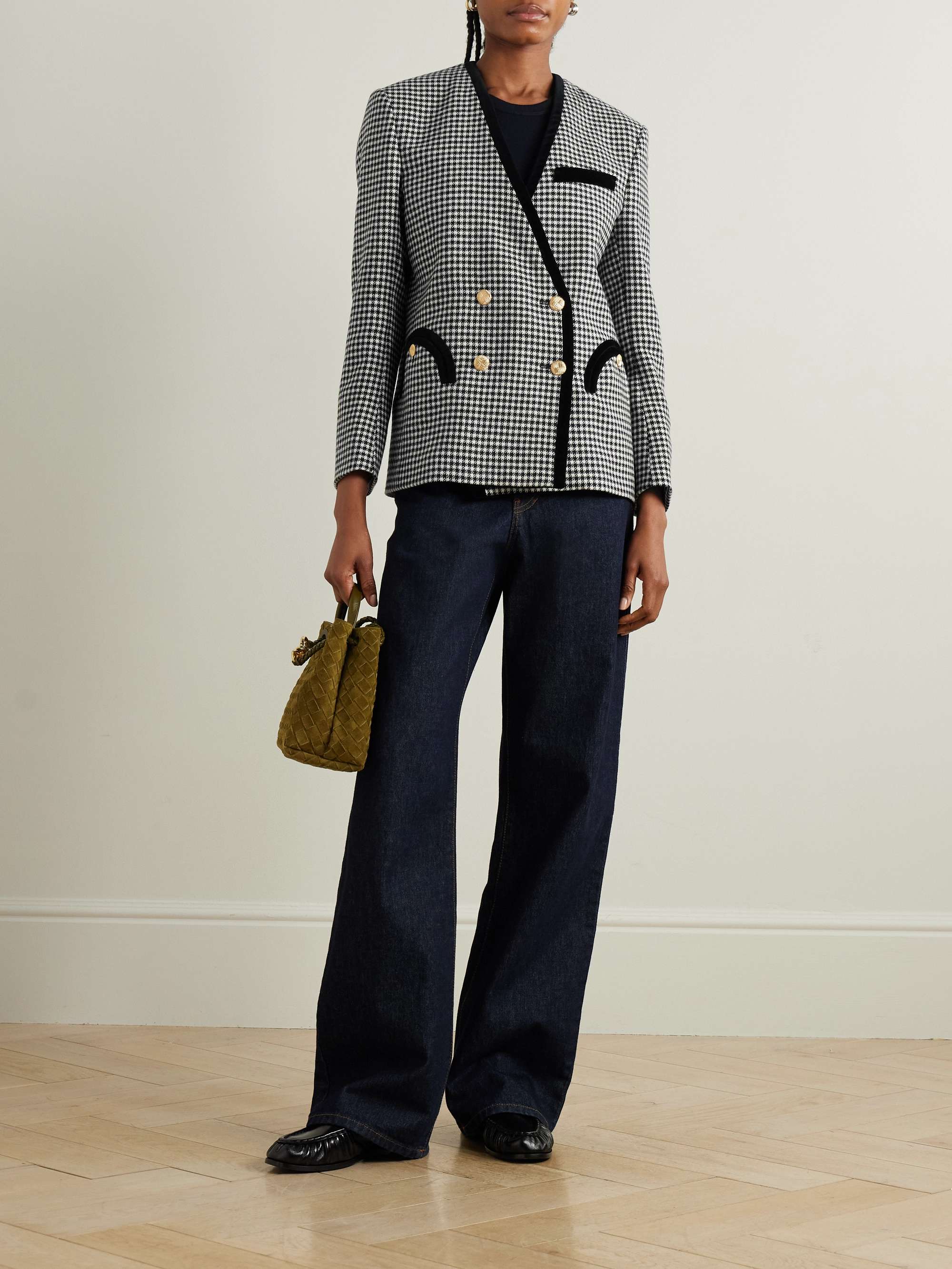 Sunset double-breasted velvet-trimmed houndstooth wool blazer view
