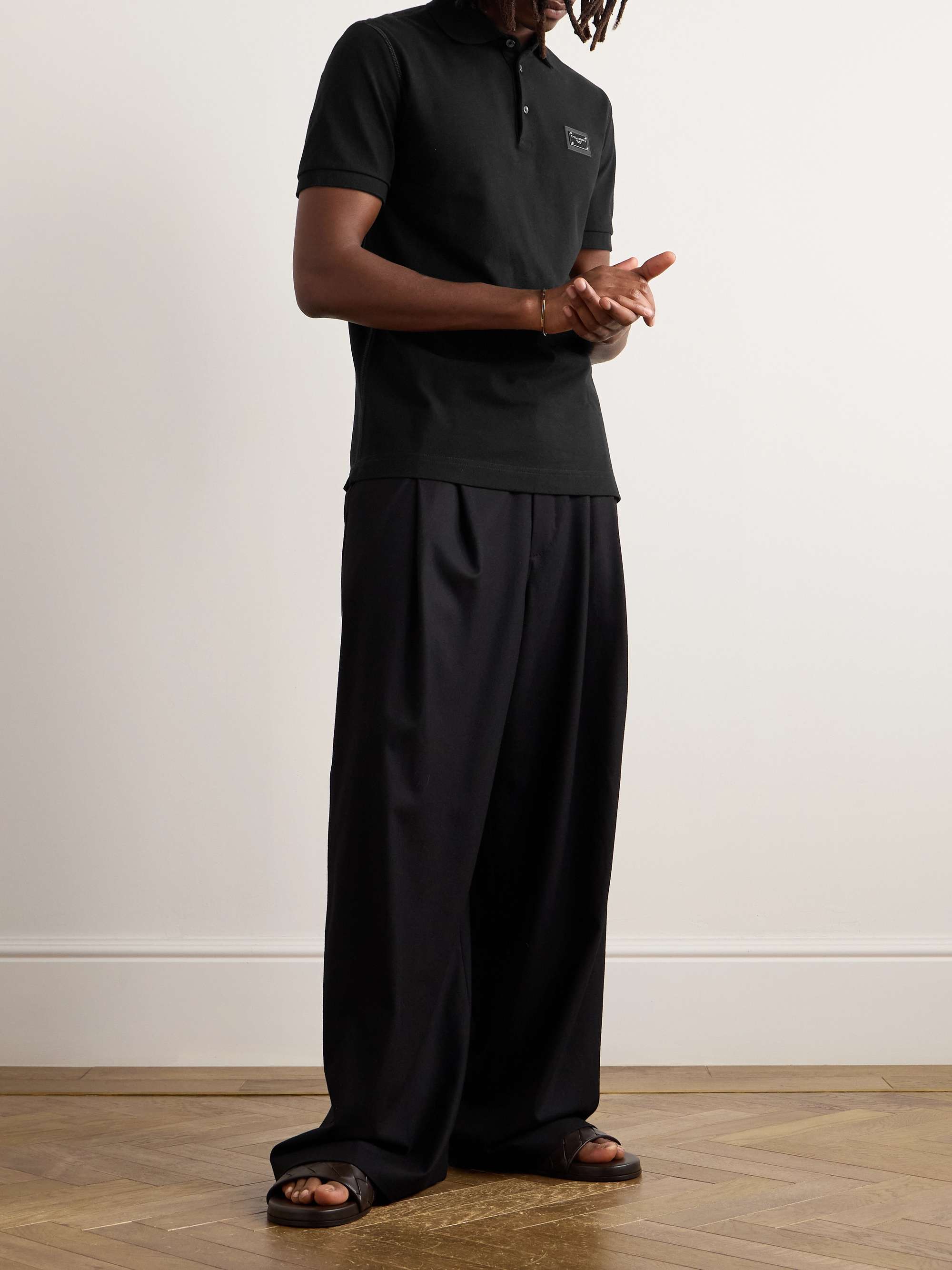 Leather-Trimmed Logo-Appliquéd Cotton-Piqué Polo Shirt view