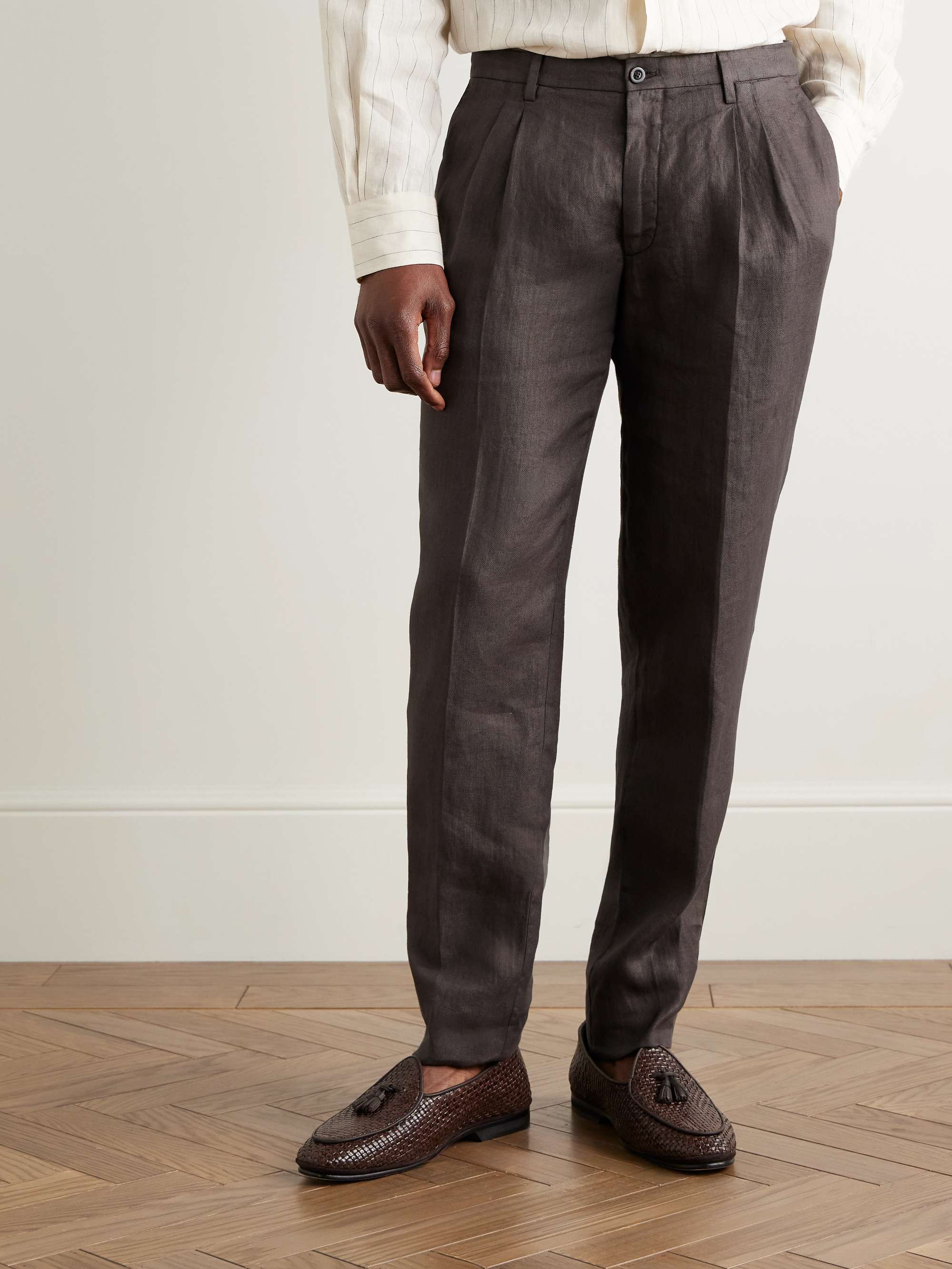 Straight-Leg Pleated Herringbone Linen Suit Trousers view