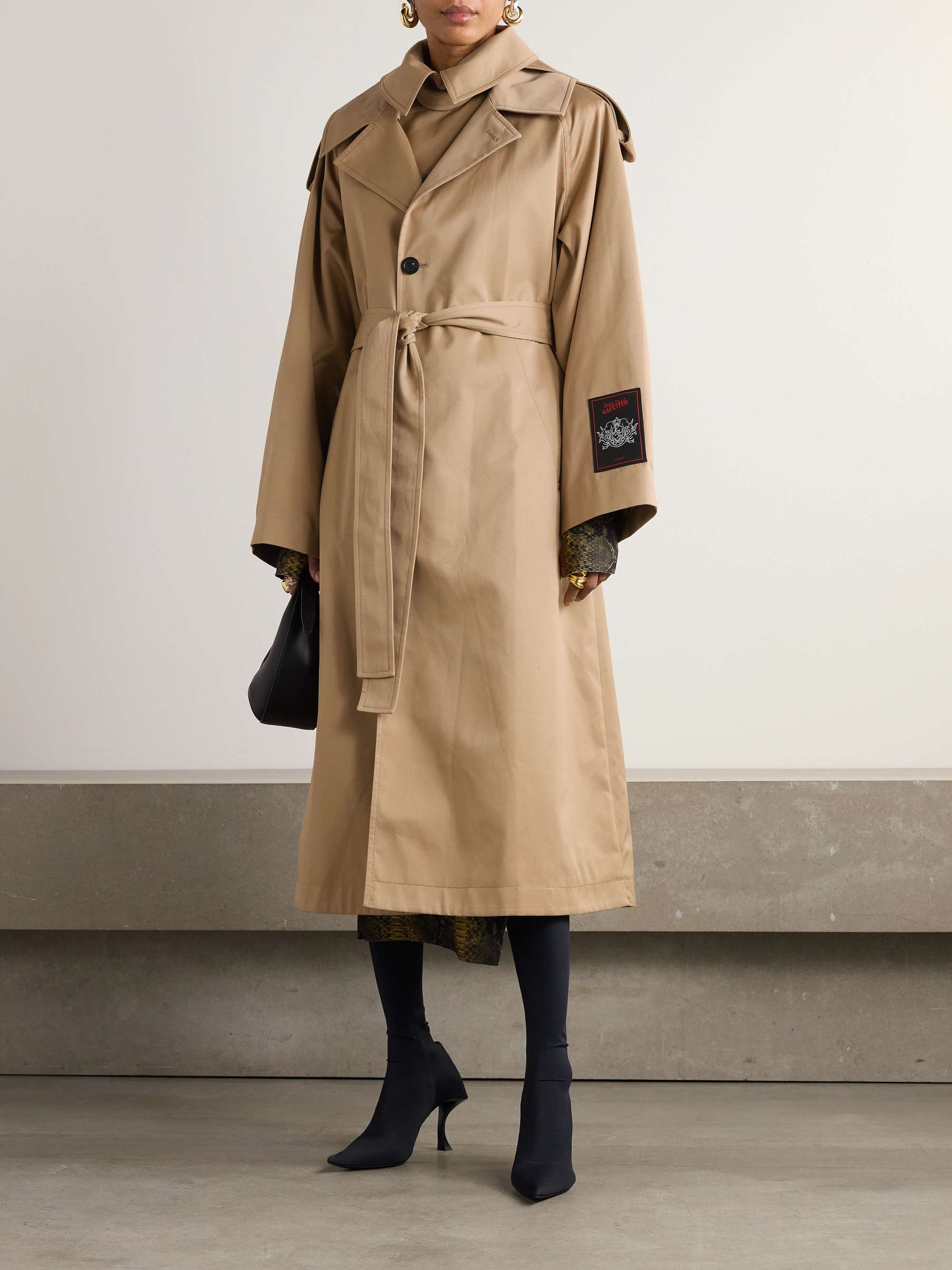 Belted layered appliquéd cotton-twill trench coat view