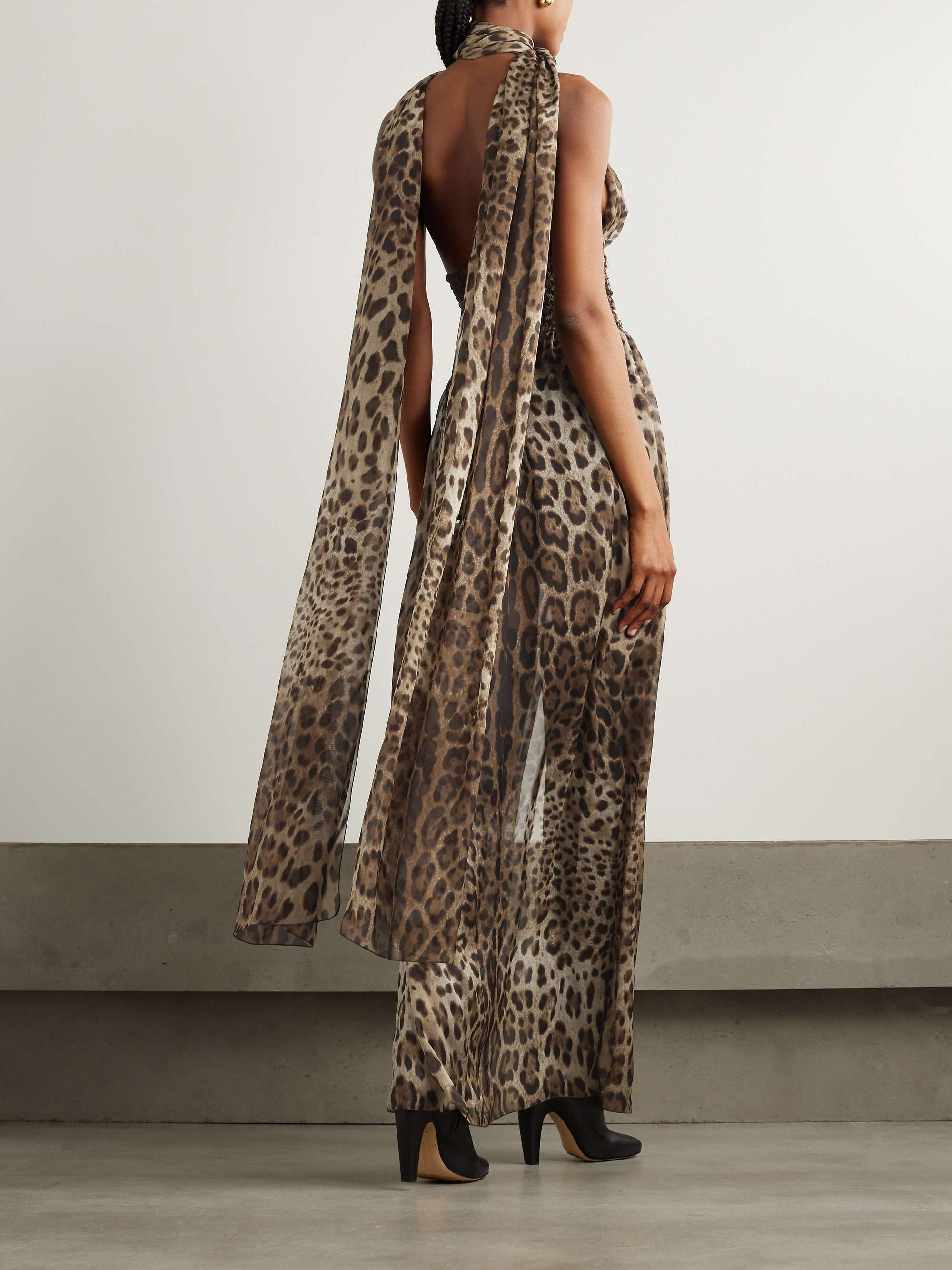 Scarf-detailed smocked leopard-print silk-chiffon gown view