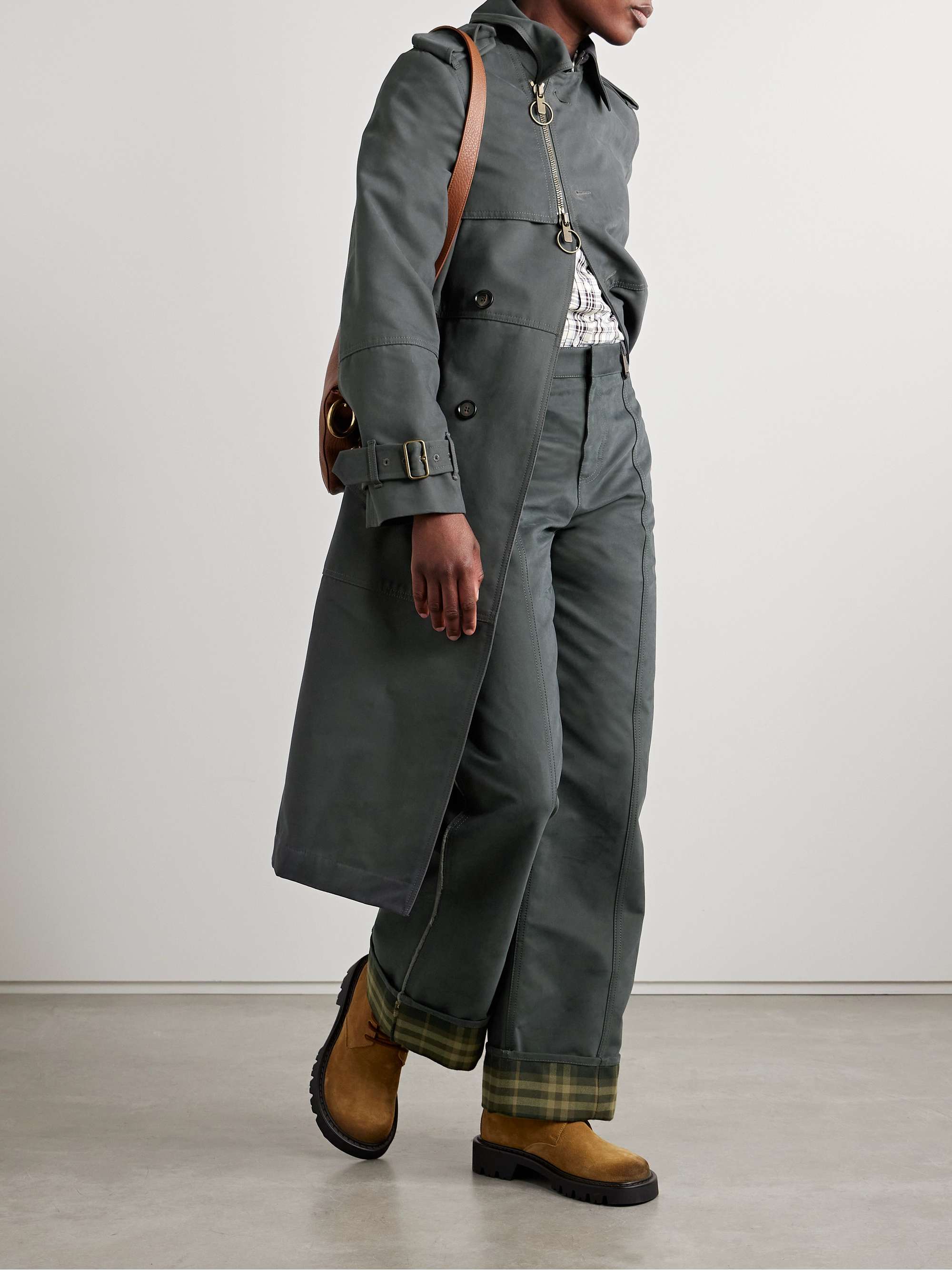 Checked twill-trimmed brushed cotton-blend wide-leg pants view