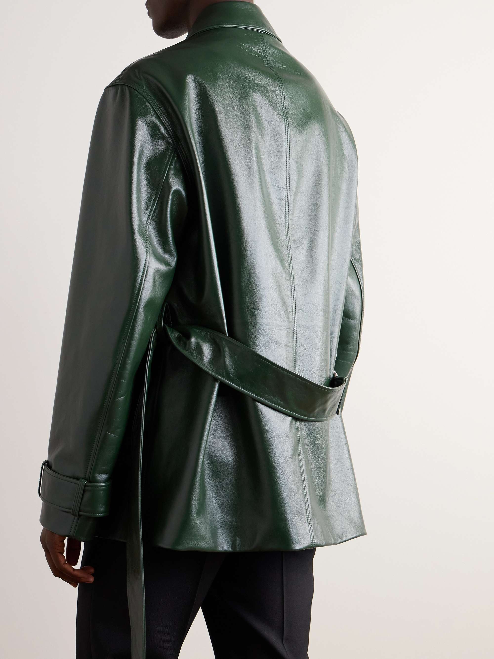 Logo-Embossed Belted Leather Jacket view