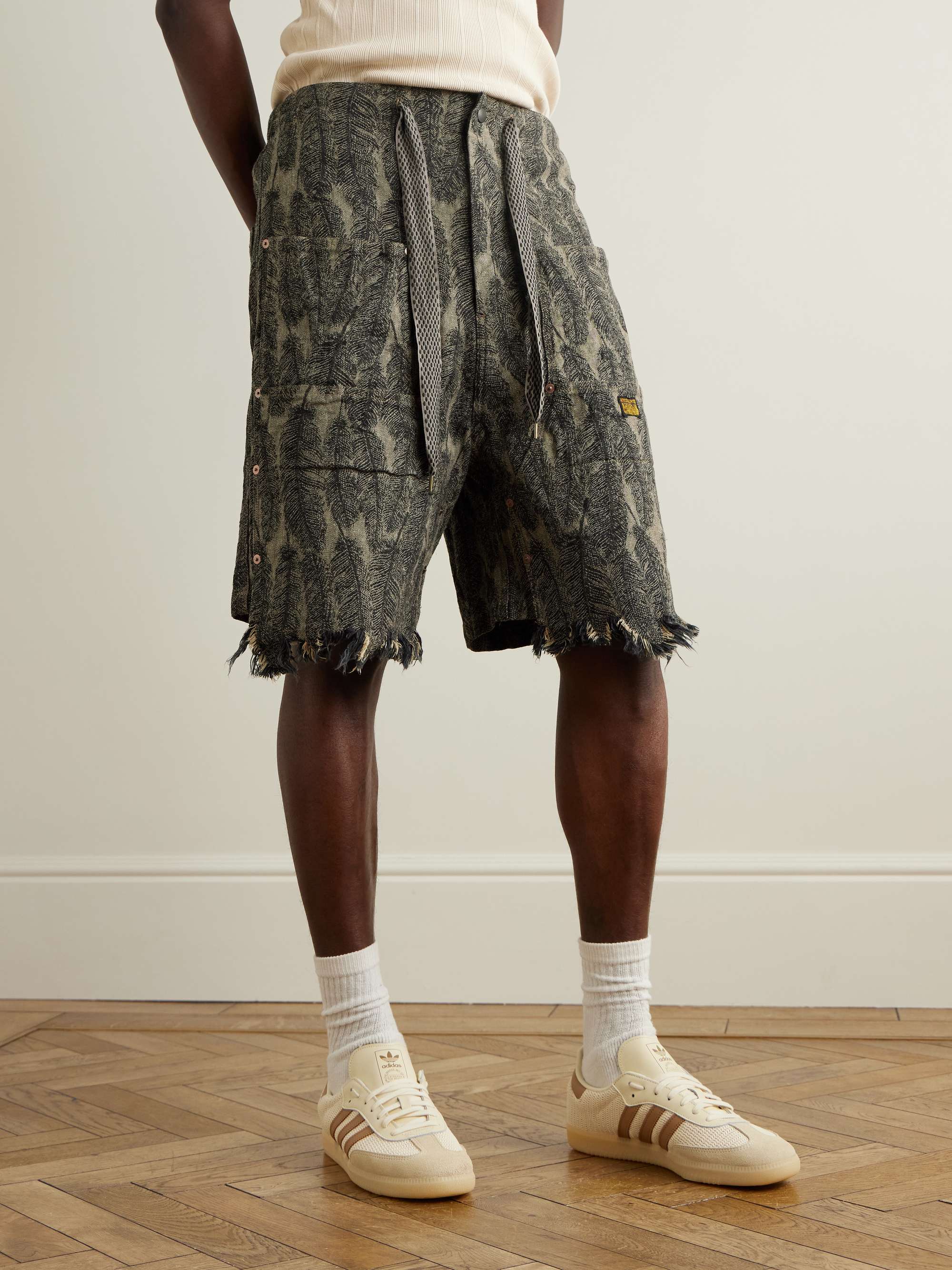 Magpie Straight-Leg Distressed Cotton-Jacquard Drawstring Shorts view