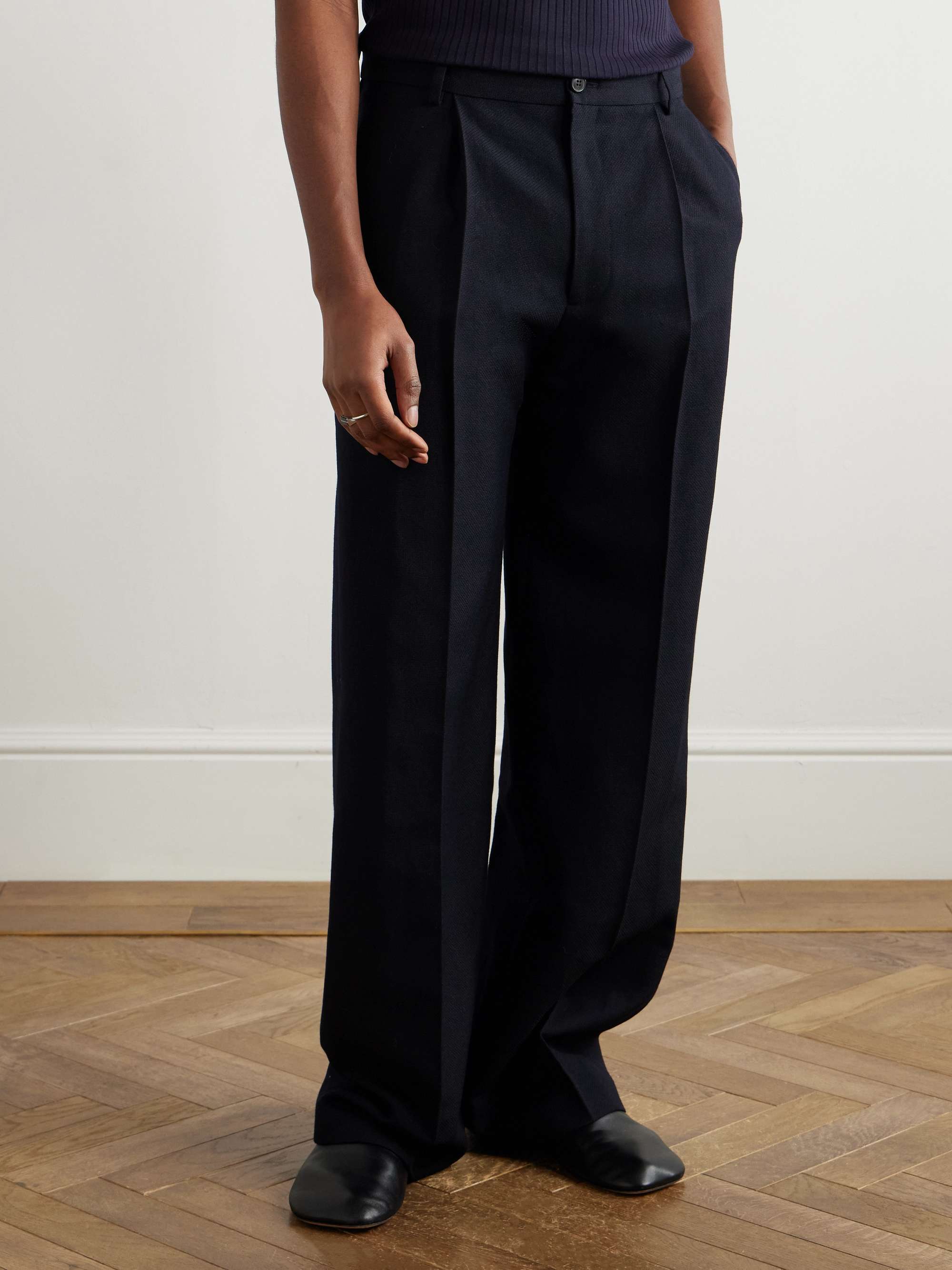 Wide-Leg Pleated Wool and Linen-Blend Trousers view