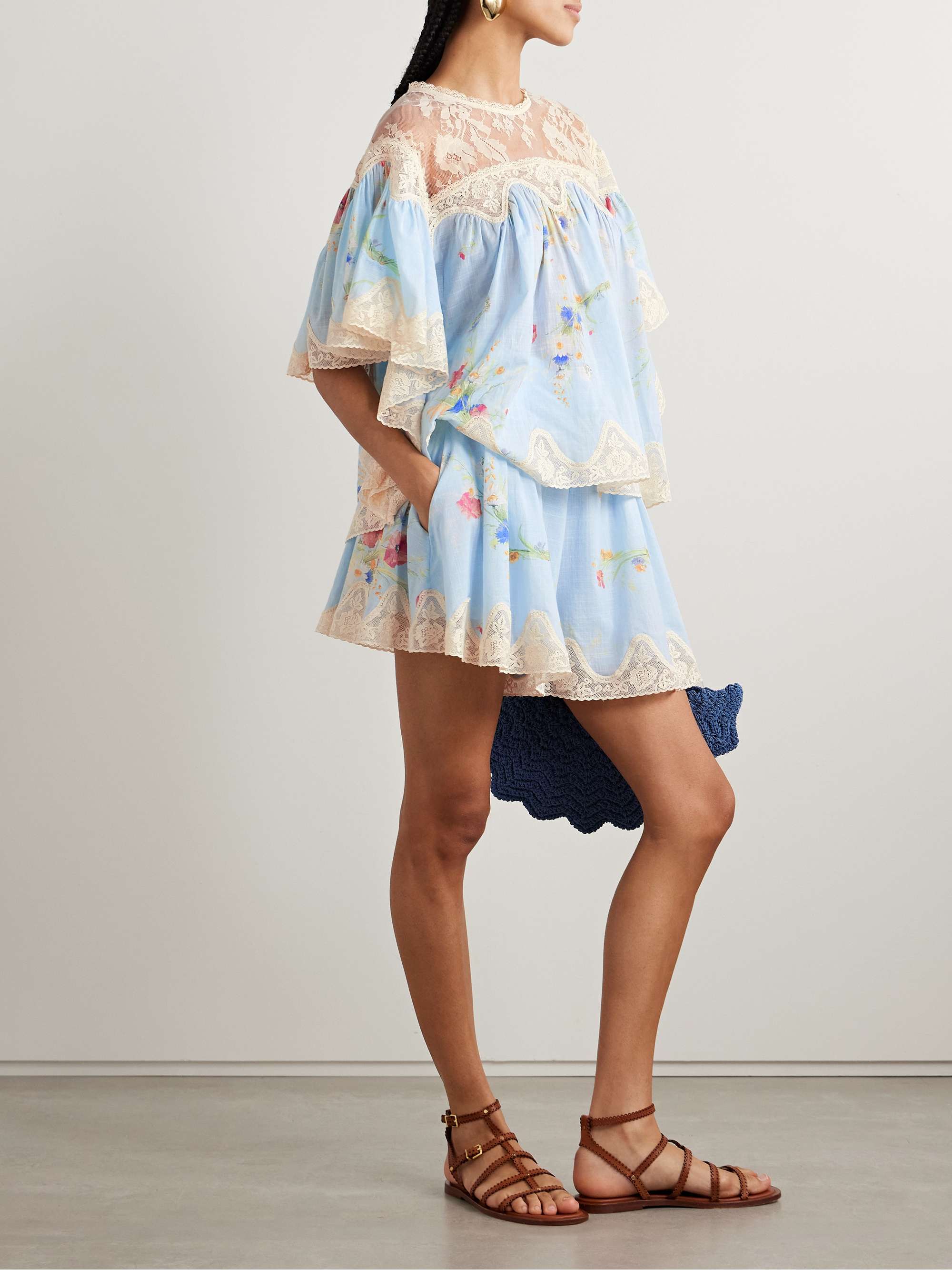 Lucky lace-trimmed pleated floral-print cotton-voile shorts view