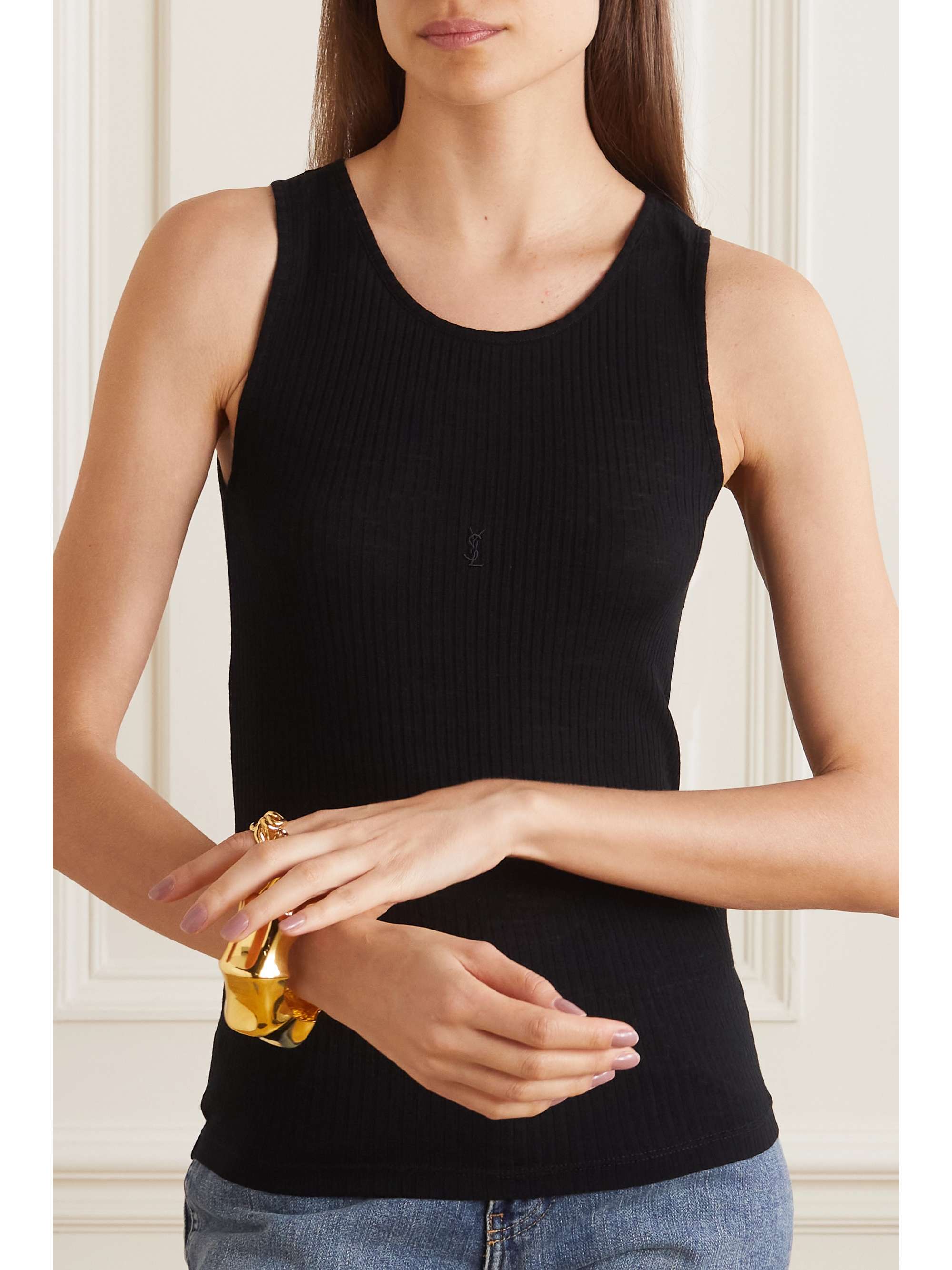 Embroidered ribbed wool tank view