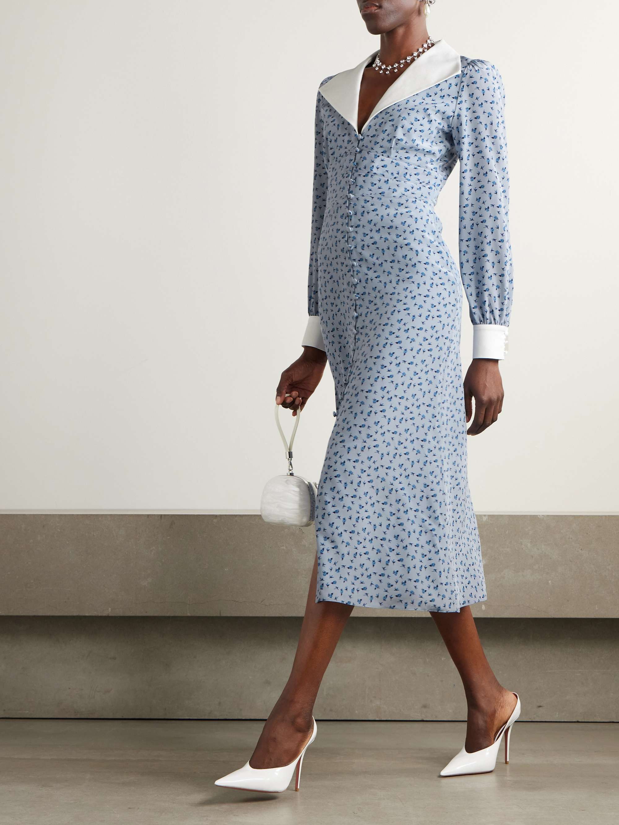 Mikado-trimmed floral-print silk-crepe de chine midi shirt dress view